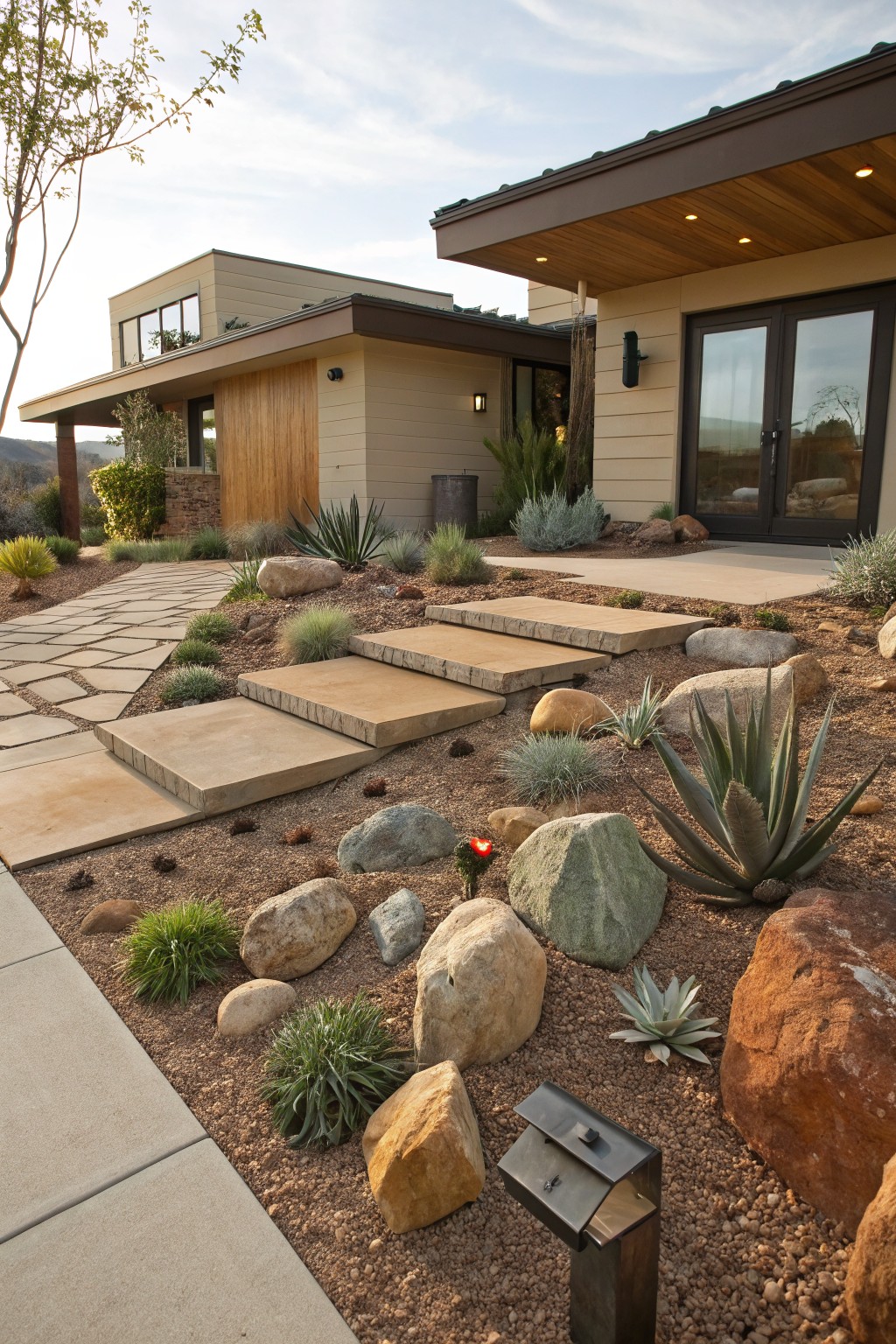 Front exterior of a modern beige house with a landscaped entry path of large rectangular concrete steps, irregular paver walkway, surrounding boulders, gravel mulch, and succulent plants including agave.
