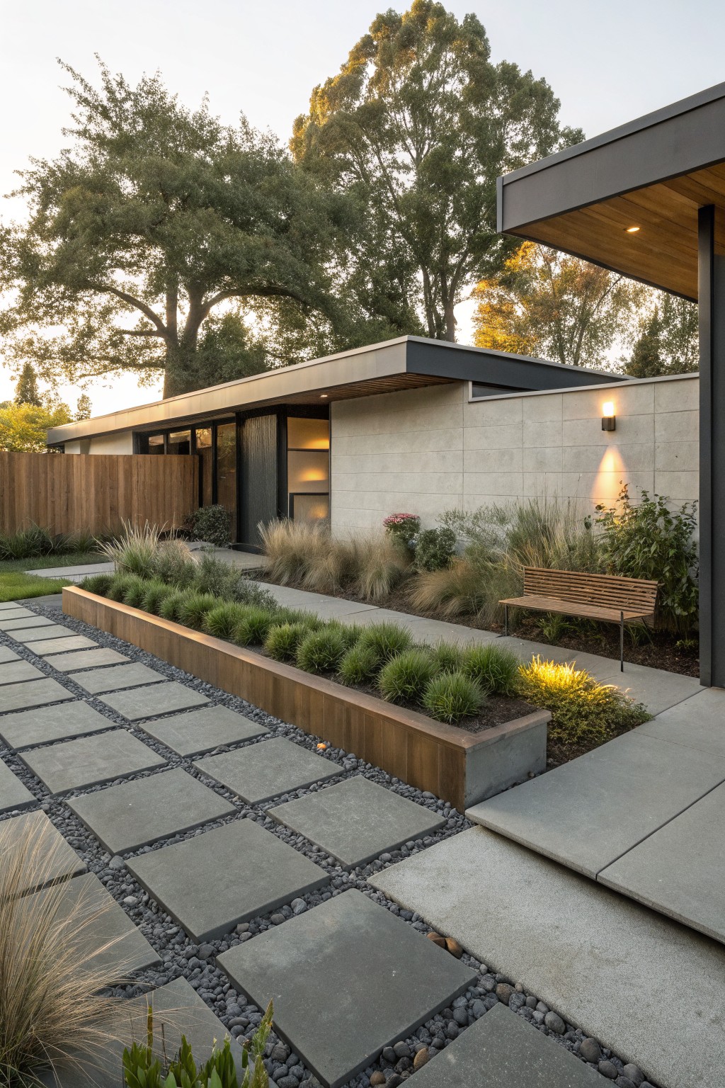 Contemporary house exterior with a pathway of large square concrete pavers set in gravel joints, edged by raised wooden planters filled with ornamental grasses and a wooden bench.