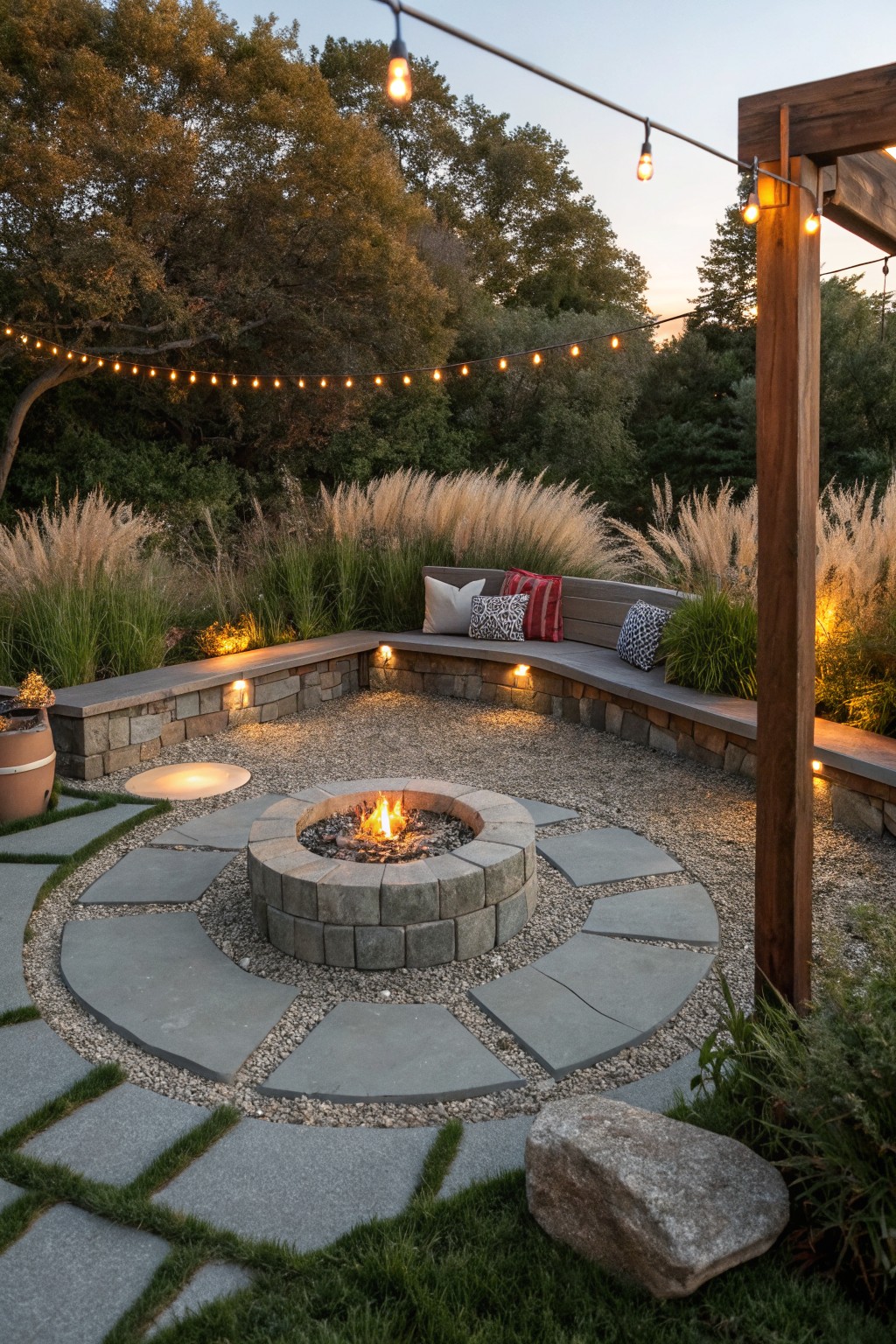 Curved bluestone paver pathway surrounding a stone fire pit with gravel infill, built-in stone benches, potted plants, and ornamental grasses under string lights and a wooden pergola.