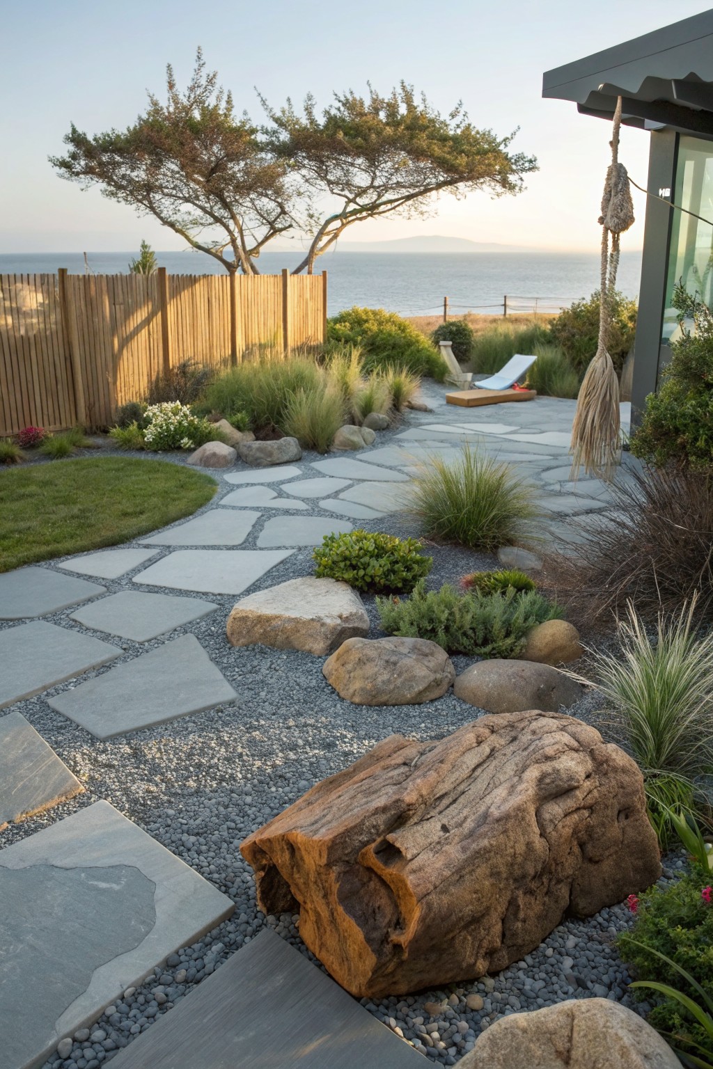 Curved garden path of large irregular gray stone pavers set in pea gravel, surrounded by boulders, grasses, a driftwood log, low shrubs, and a wooden fence, with a modern house and ocean in the background.