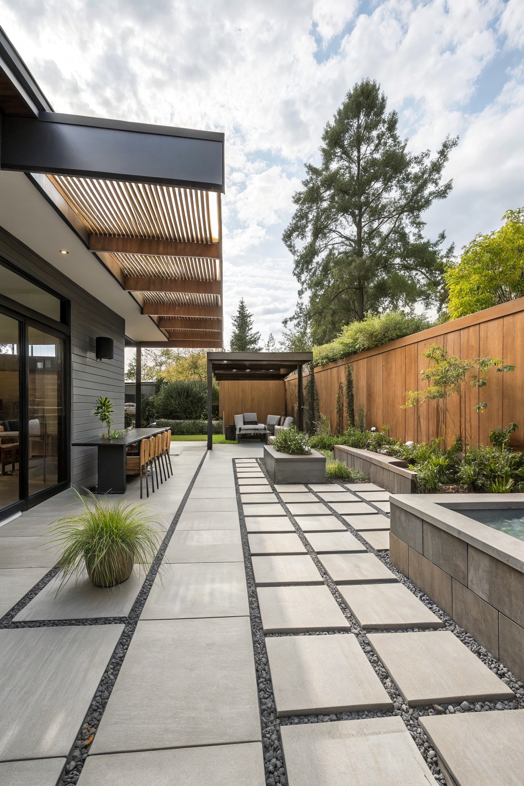 Backyard patio with large gray rectangular pavers arranged in linear pathways separated by black gravel strips, adjacent to a modern house wall with sliding glass doors, planters, outdoor bar seating, pergola, and raised spa pool.
