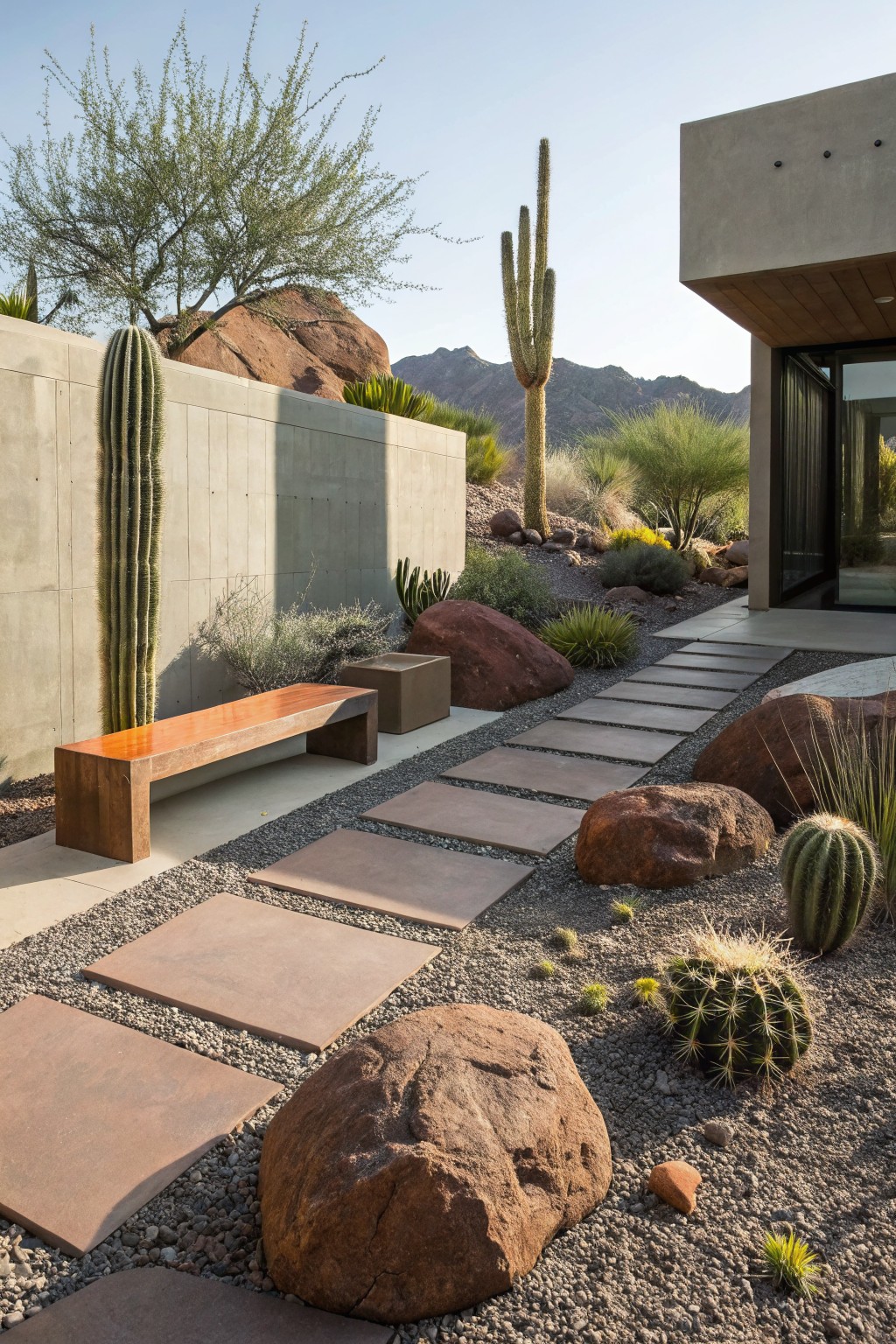 Gravel Path with Spaced Pavers and Boulders