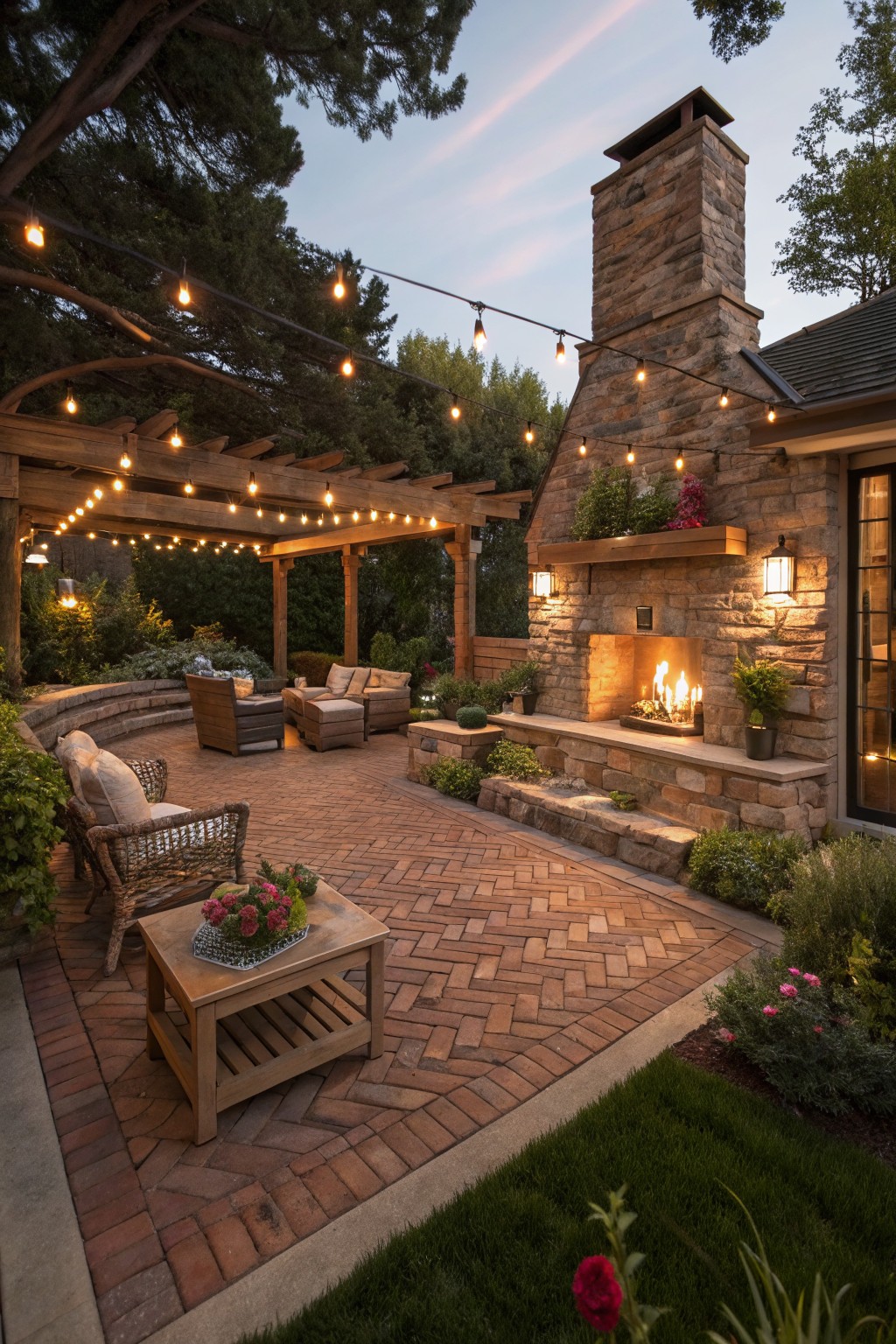 Outdoor patio featuring herringbone-patterned brick pavers, wooden pergola strung with lights overhead, stone outdoor fireplace against the house wall, wicker seating furniture, and surrounding plants and grass.