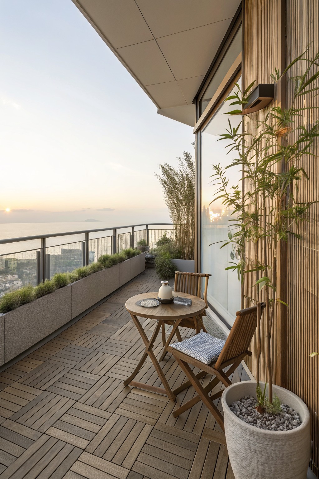 Balcony terrace with herringbone-patterned brown wood-look deck tiles, small round wooden table with chairs, potted bamboo plant beside white rock-filled pot, grass planters along glass railing, and sea view at sunset.
