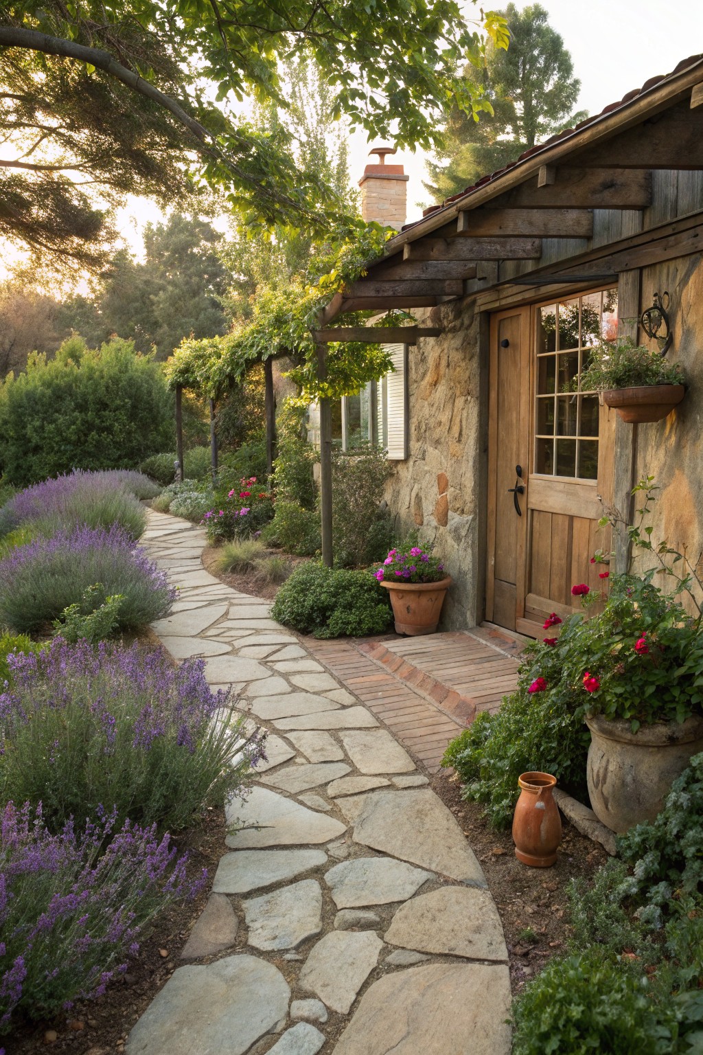 Rustic stone cottage with wooden door and windows, featuring a curving flagstone pathway bordered by lavender plants, terracotta pots, and flowering shrubs.