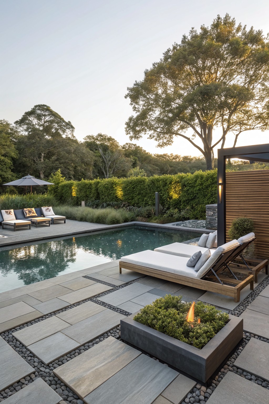 Pool deck with rectangular light gray pavers separated by pebble-filled lines, a raised rectangular fire pit planter containing green boxwood and a yellow gas flame, two white loungers nearby, hedges and trees in background at dusk.