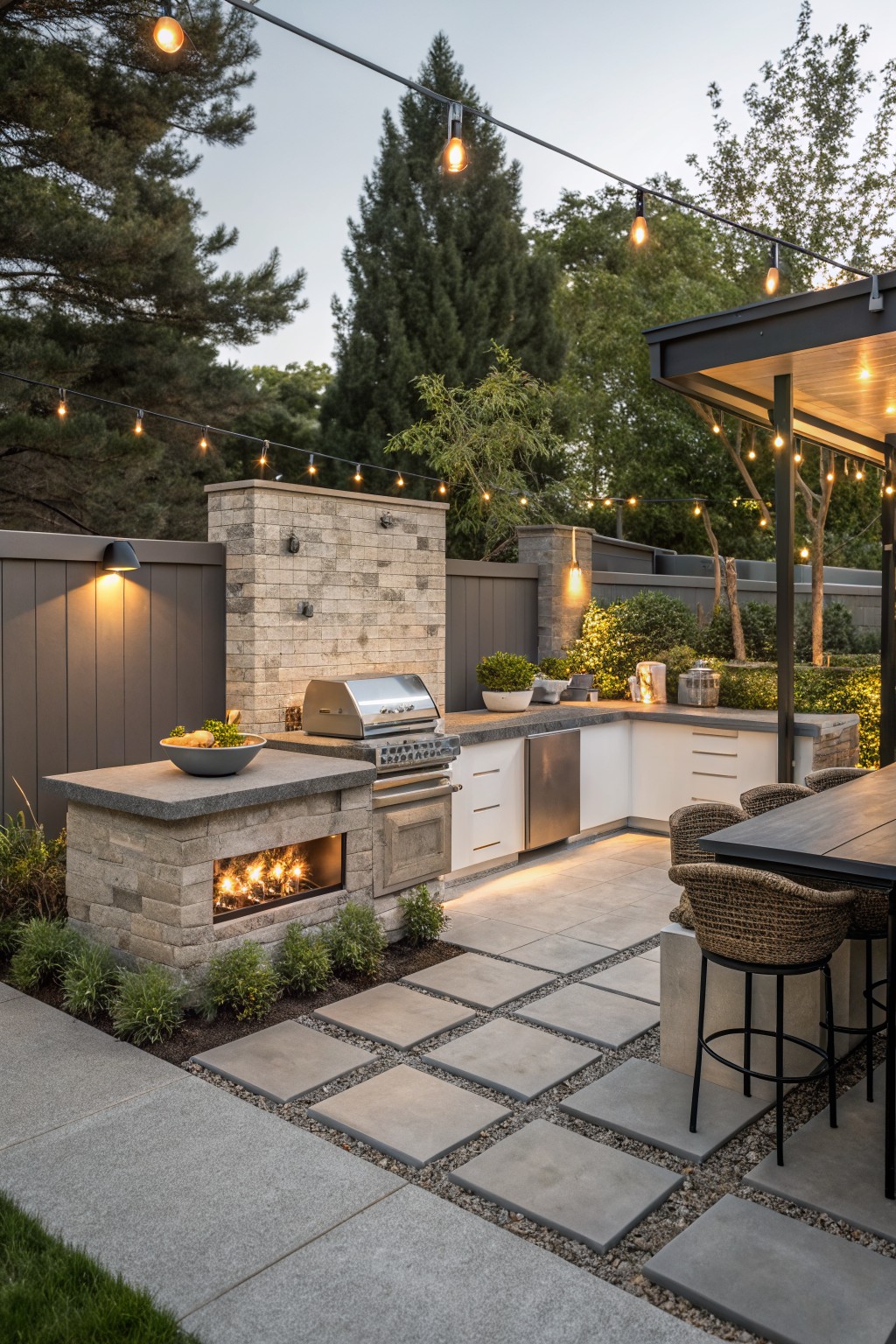Outdoor patio featuring a built-in grill, countertop, fire pit island on concrete pavers, pebble pathways, wooden table with chairs, string lights overhead, and low plants along the edges.