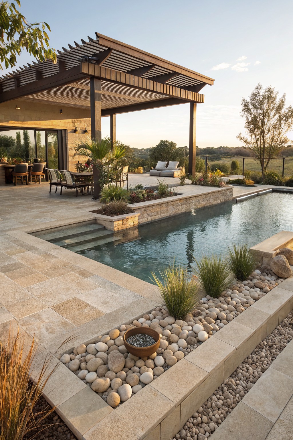 Pool Decks Edged with Pebbles