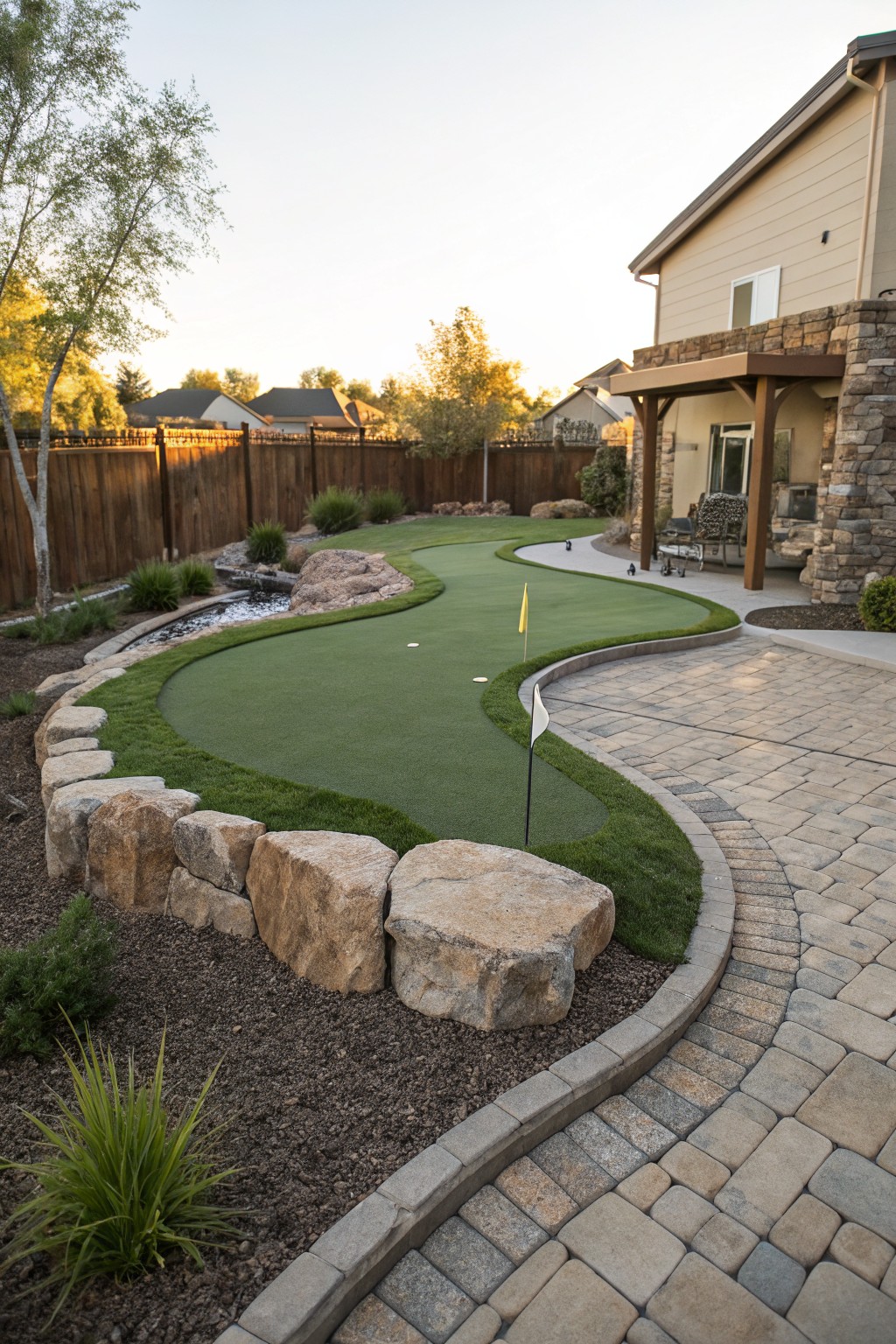 A backyard putting green made of curved synthetic turf, bordered by large stacked rocks and pavers, with a small water feature nearby and a house patio in the background.