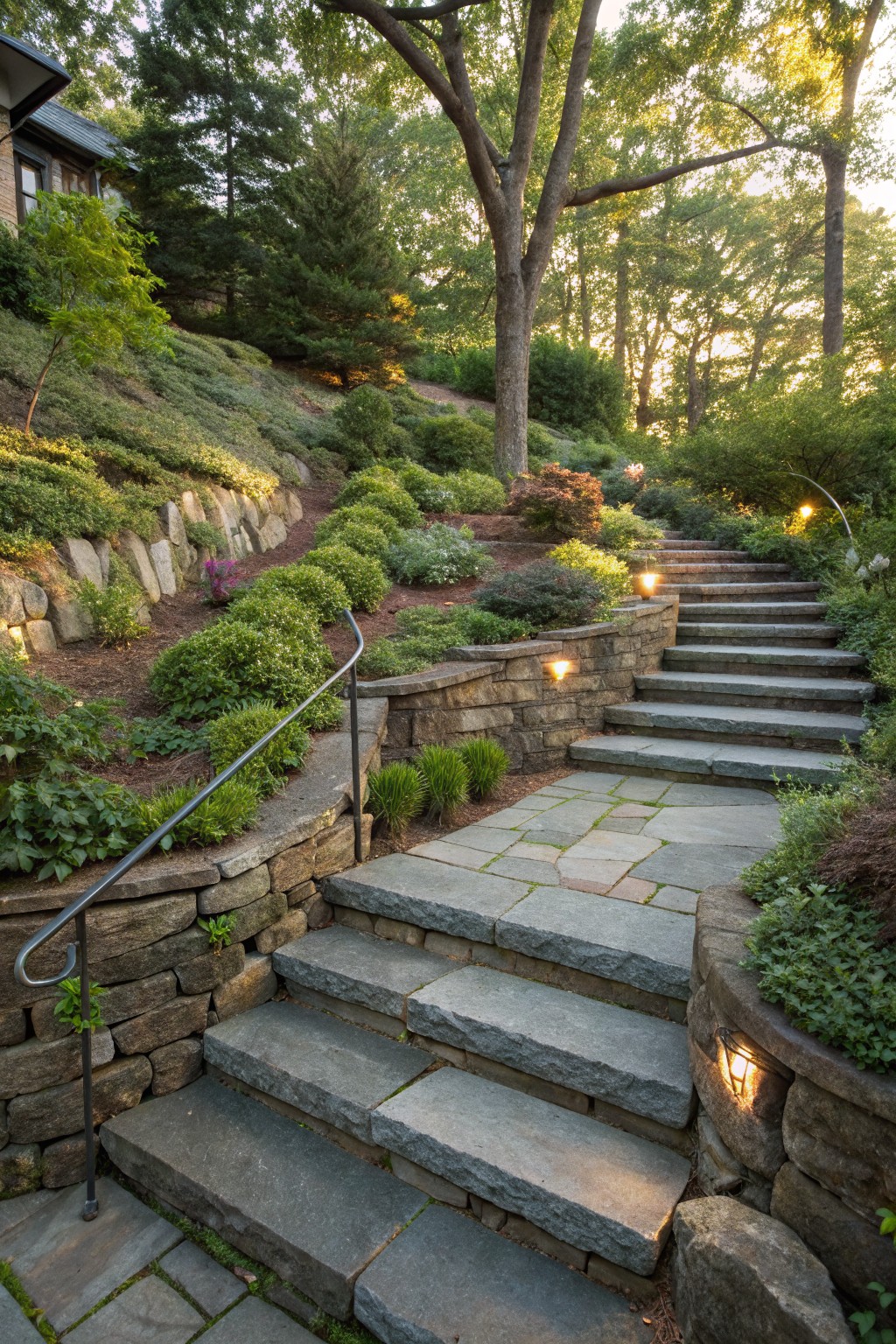 Winding bluestone staircase with stone retaining walls, flagstone path sections, planted beds, and landscape lights on a forested slope beside a house.