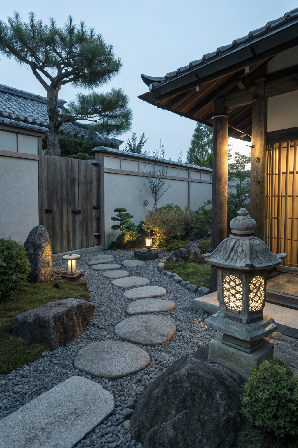 Japanese garden path of large irregular stepping stones in gravel surrounded by rocks, lanterns, bonsai trees, and shrubs, leading to a traditional wooden house at dusk.