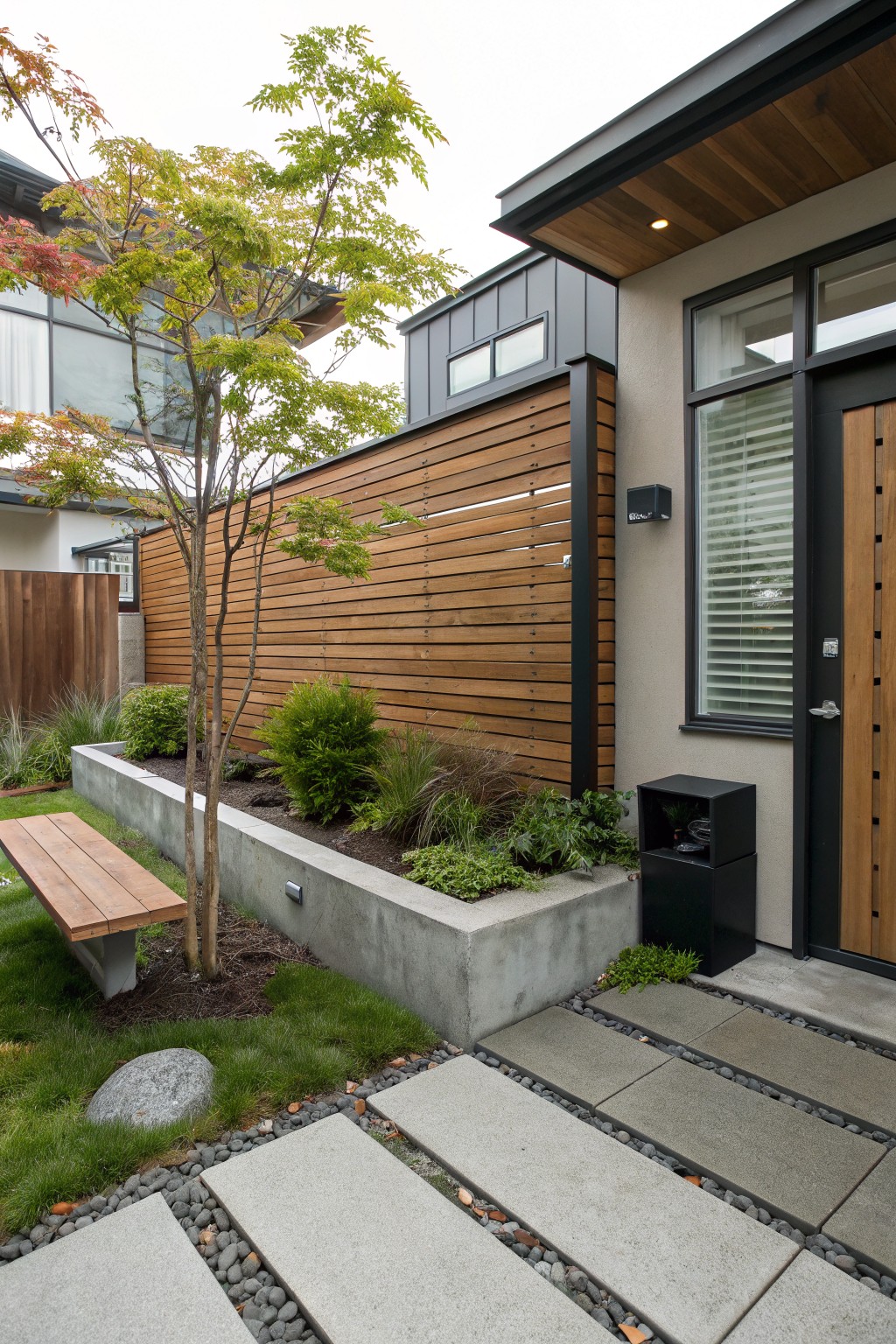 Modern house side entrance with gray siding, wooden slat privacy fence, raised concrete planter bed holding a Japanese maple tree, shrubs, wooden bench, black modern mailbox, and gray paver path with gravel edges leading to a wood and glass door.