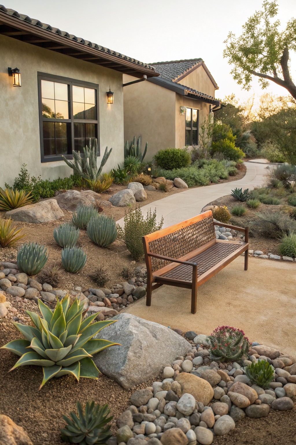 Wooden bench on a concrete path in a front yard xeriscape garden with succulents, agaves, boulders, gravel, and rocks beside a beige stucco house with large windows.