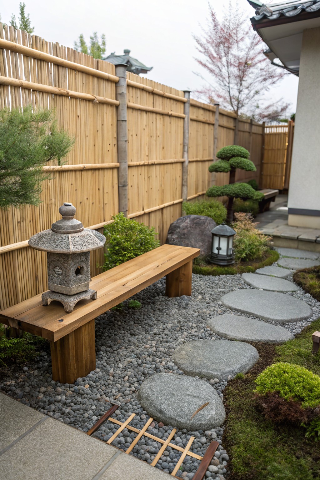 Wooden bench next to a gray stone lantern in a gravel garden with circular stepping stones, bonsai trees, rocks, and bamboo fencing beside a building.
