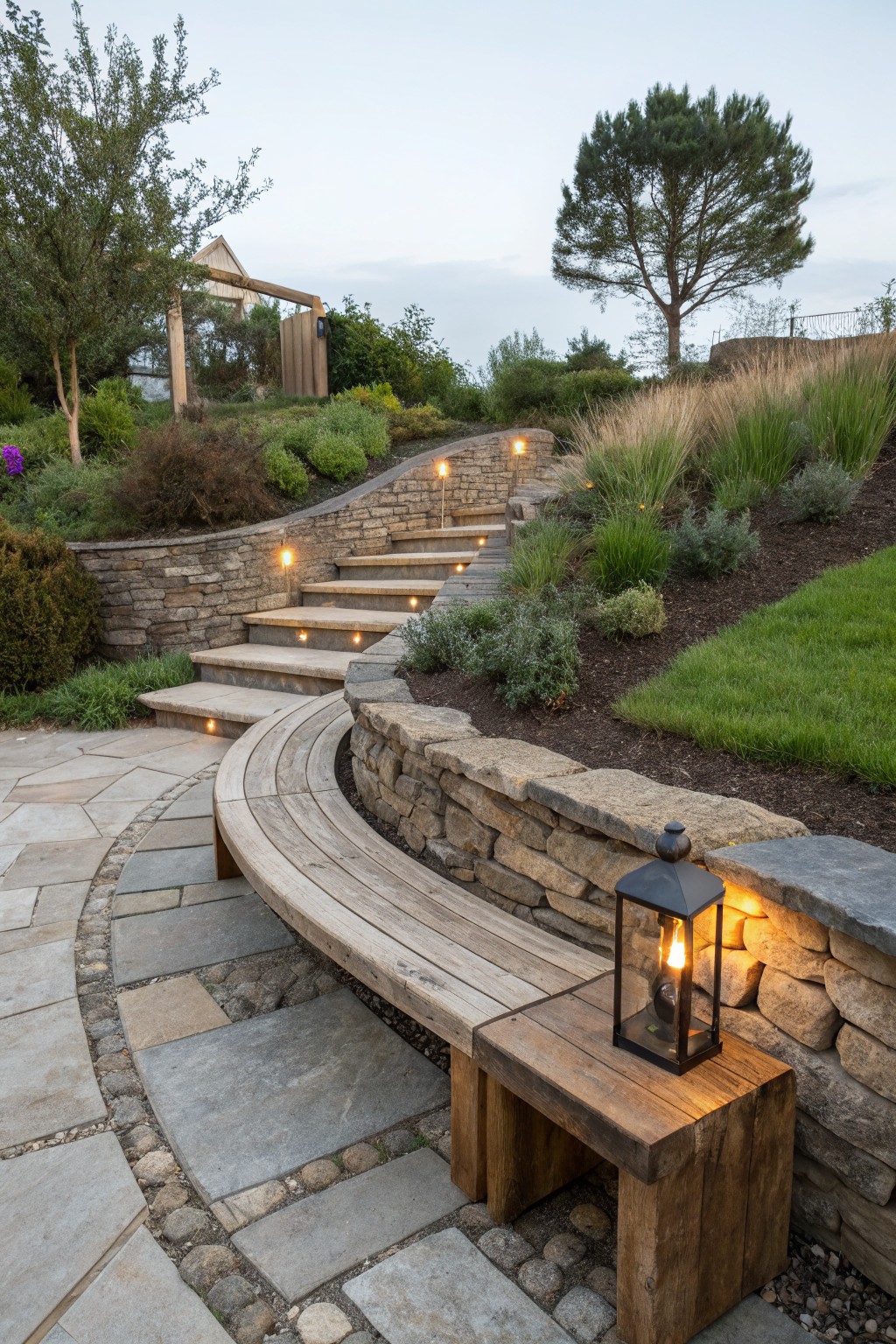 Curved stone steps with embedded lights ascending a sloped landscaped garden beside a wooden bench integrated into a stone retaining wall and a small wooden table with a lit lantern.