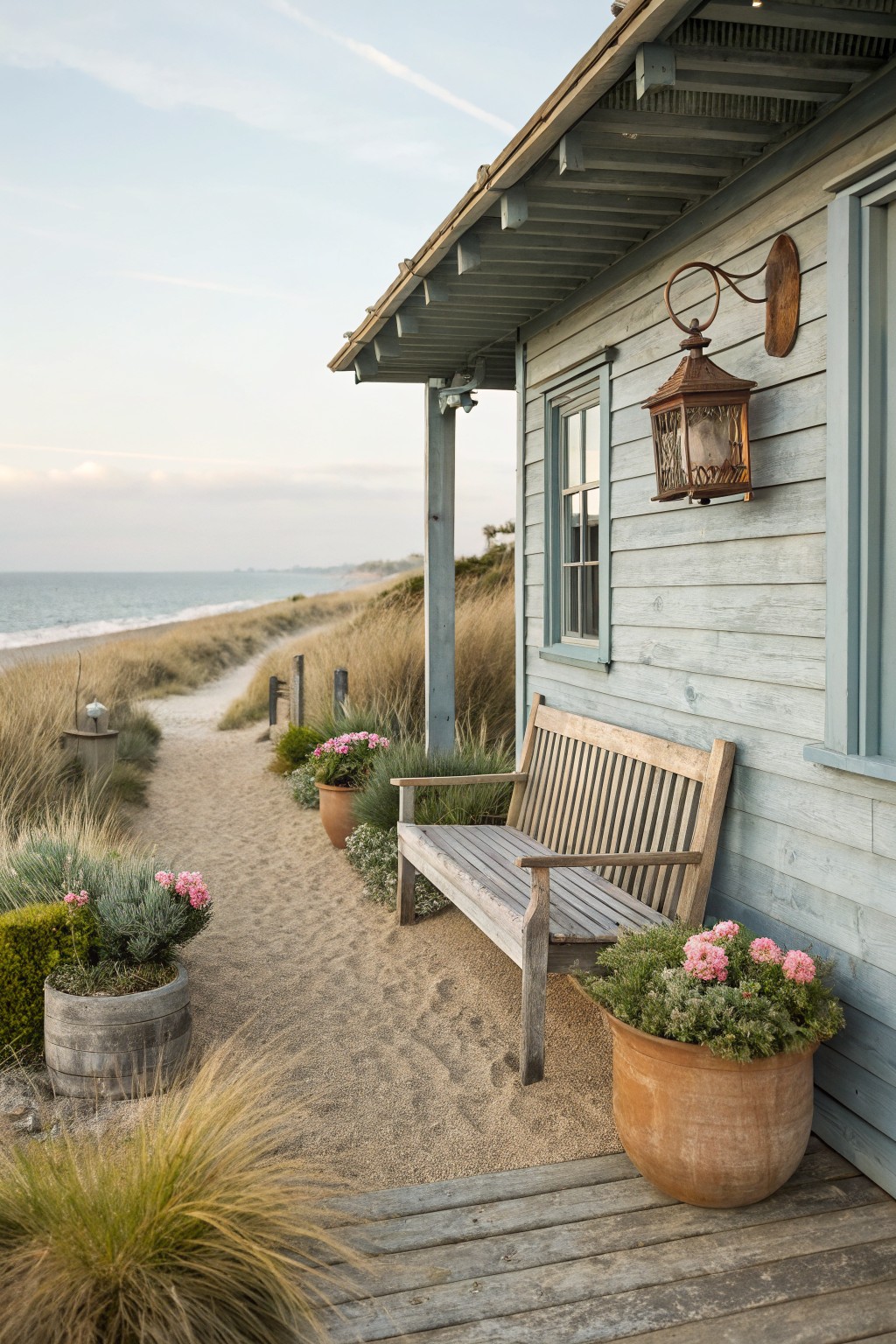 Light blue weathered wood beach house exterior featuring a wooden bench on a sandy path lined with dune grasses and potted plants, adjacent to a path leading through dunes to the ocean.
