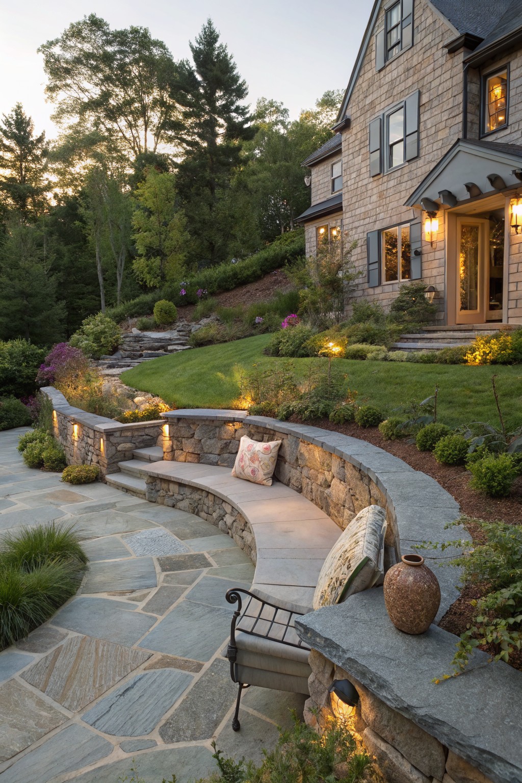 Curved stone retaining wall with integrated bench seating, pillows, potted plant, metal chair, low lighting, plants, steps, and paver path leading to house entry on a wooded slope.
