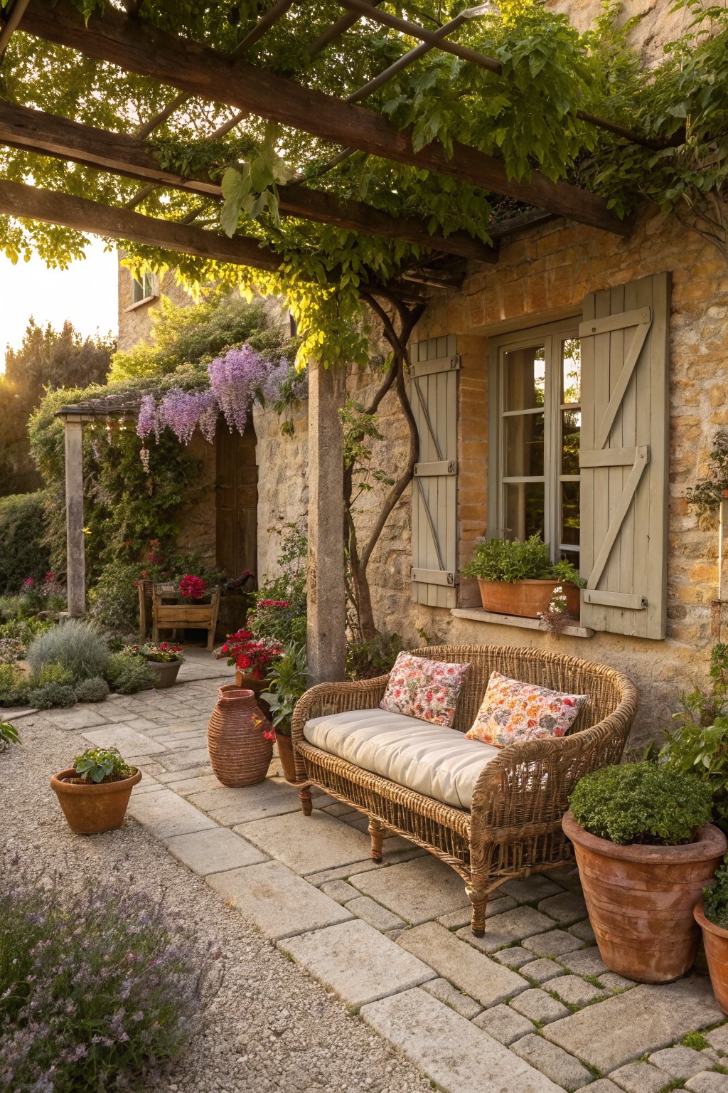 A rattan loveseat with cushions sits under a wooden pergola covered in green vines next to a beige stone house wall with green shutters, a window box of herbs, stone path, gravel areas, and various potted plants.