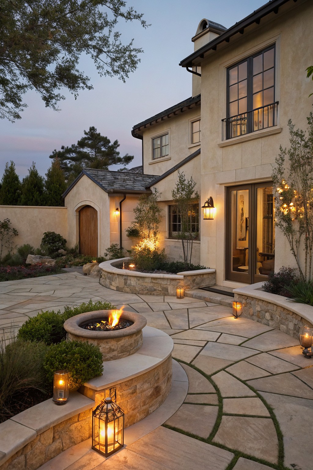 Stone patio at dusk featuring curved built-in benches encircling a lit gas fire pit, with lanterns, potted plants, meandering pathways, and a beige stucco house wall with doors and windows in the background.