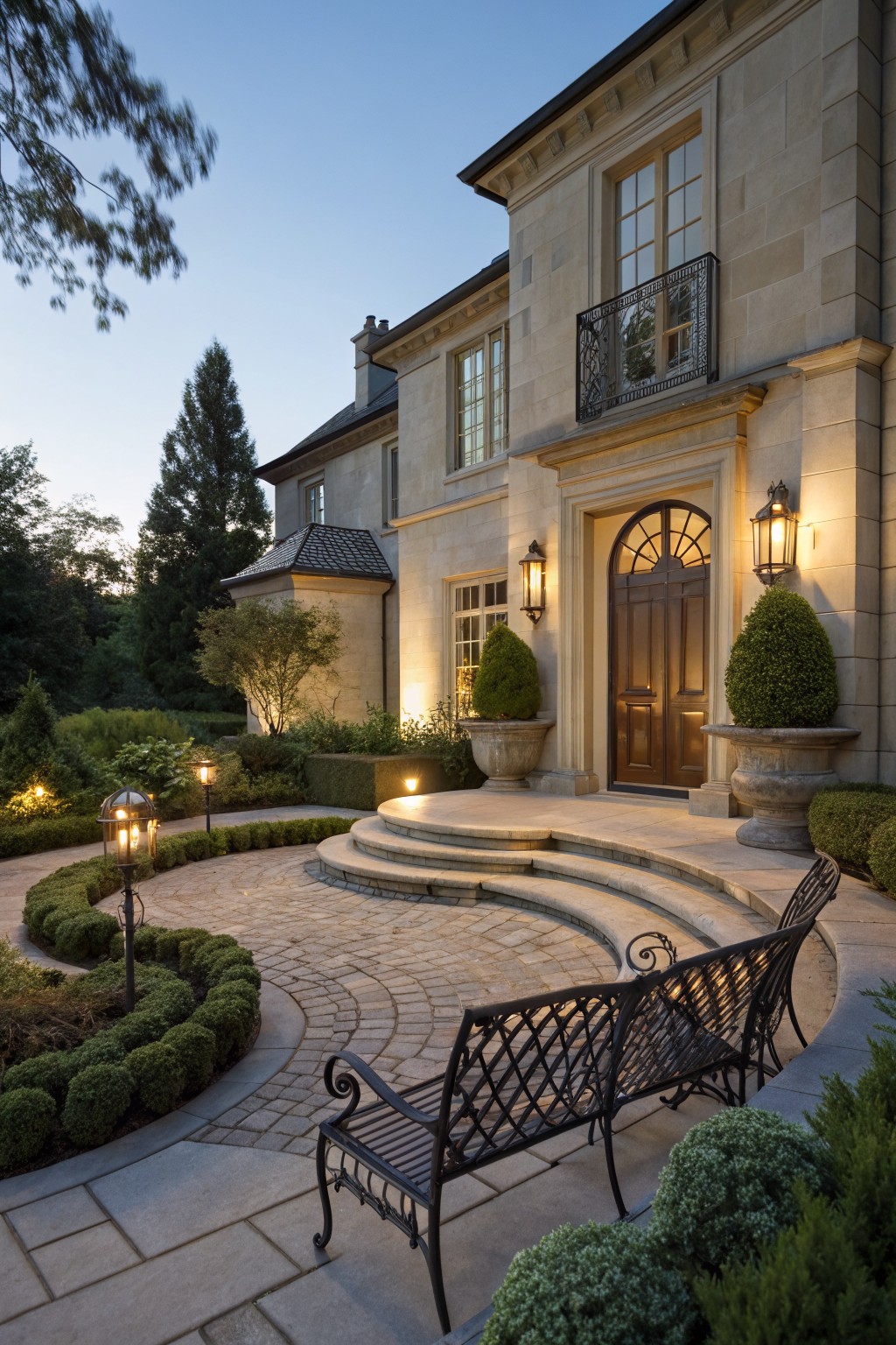 Beige stone house facade with dark wood arched entry door flanked by lanterns and large topiary urns on pedestals, curved steps leading down to a semi-circular brick paver landing edged in spherical boxwood shrubs with a wrought iron bench and garden lanterns.