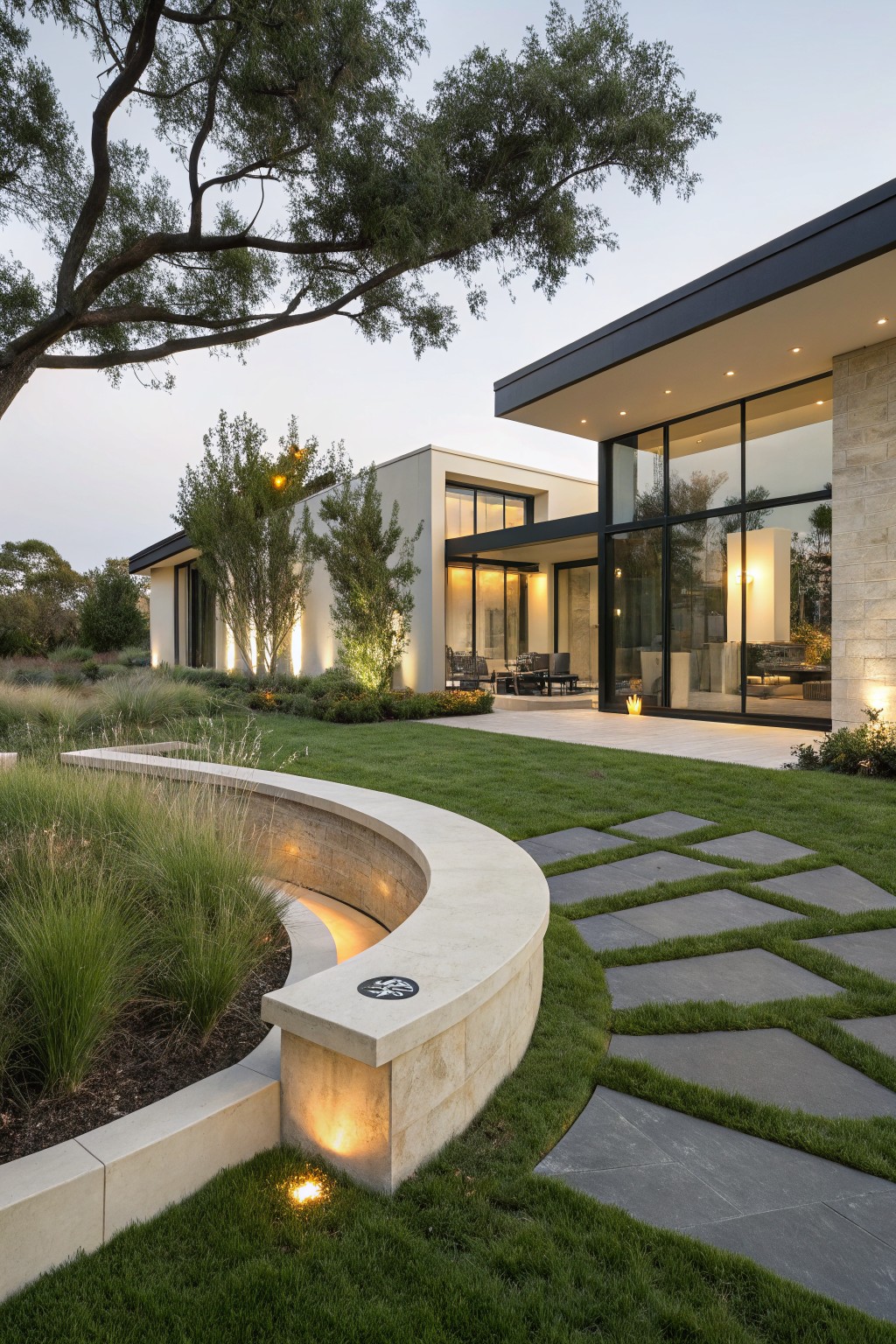 Front yard of a modern stucco and stone house at dusk with large glass walls, featuring a curved low stone bench integrated into the lawn edge, surrounded by ornamental grasses, stepping stone path, and landscape lighting.