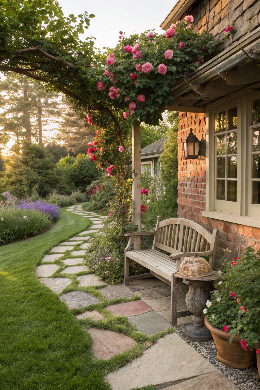 Wooden bench under an arbor covered in pink climbing roses next to a brick house wall with a window and lantern, winding stone path through flower beds and lawn.