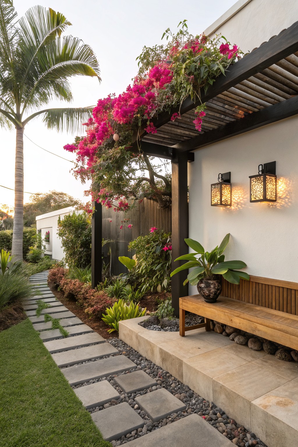 Gray stepping stone path in a tropical garden leading to a wooden bench on a beige raised stone platform edged with pebbles, surrounded by palms, pink bougainvillea on a pergola, potted plants, and wall lanterns on a white exterior wall.