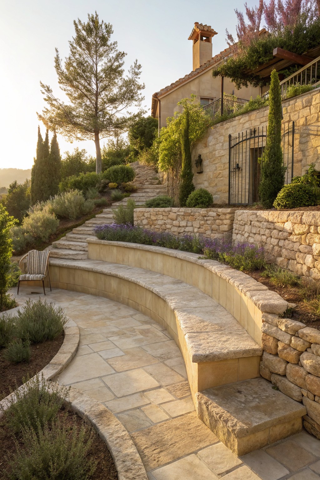 Curved stone bench built into terraced stone walls on a sloped garden path with lavender plants, steps, and a wrought iron gate leading to a house.