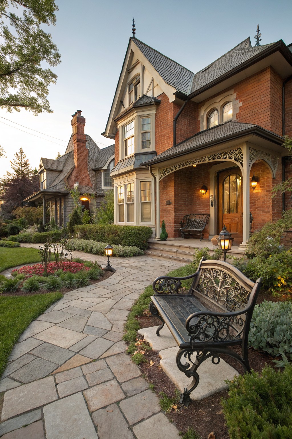 Curved flagstone pathway through a front yard garden with flower beds, shrubs, and a black wrought-iron bench positioned beside the path, leading to steps and a porch on a brick house.