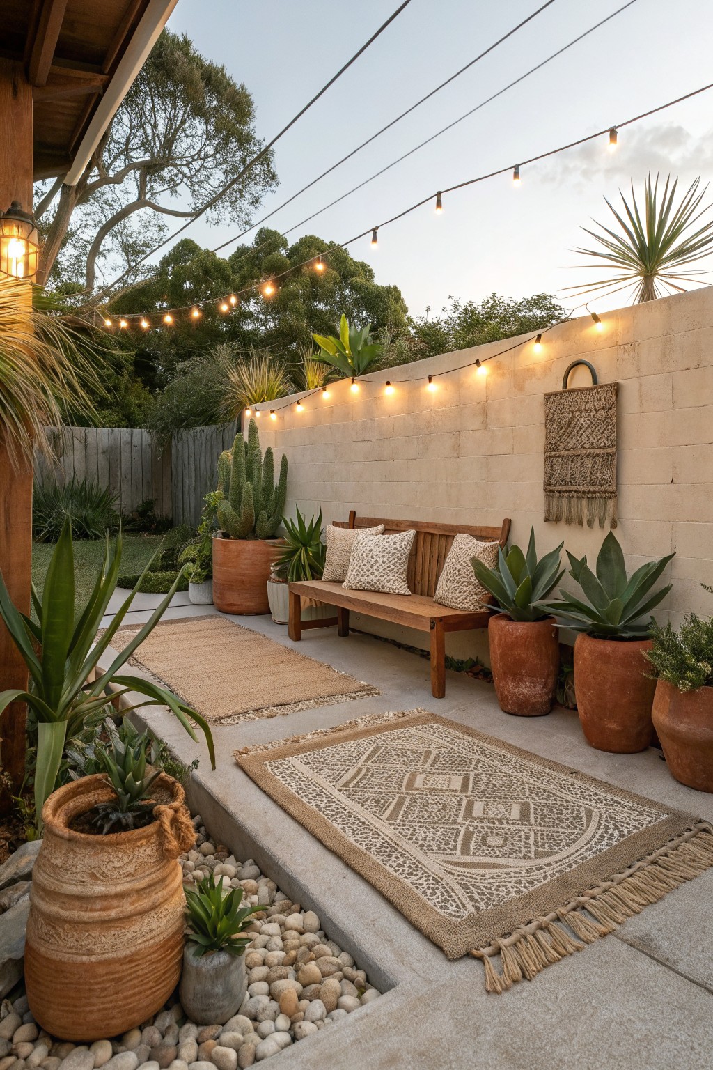 Wooden bench on concrete patio against beige block wall, flanked by large terracotta pots with agaves and succulents, string lights overhead, woven rugs, and pebble border.