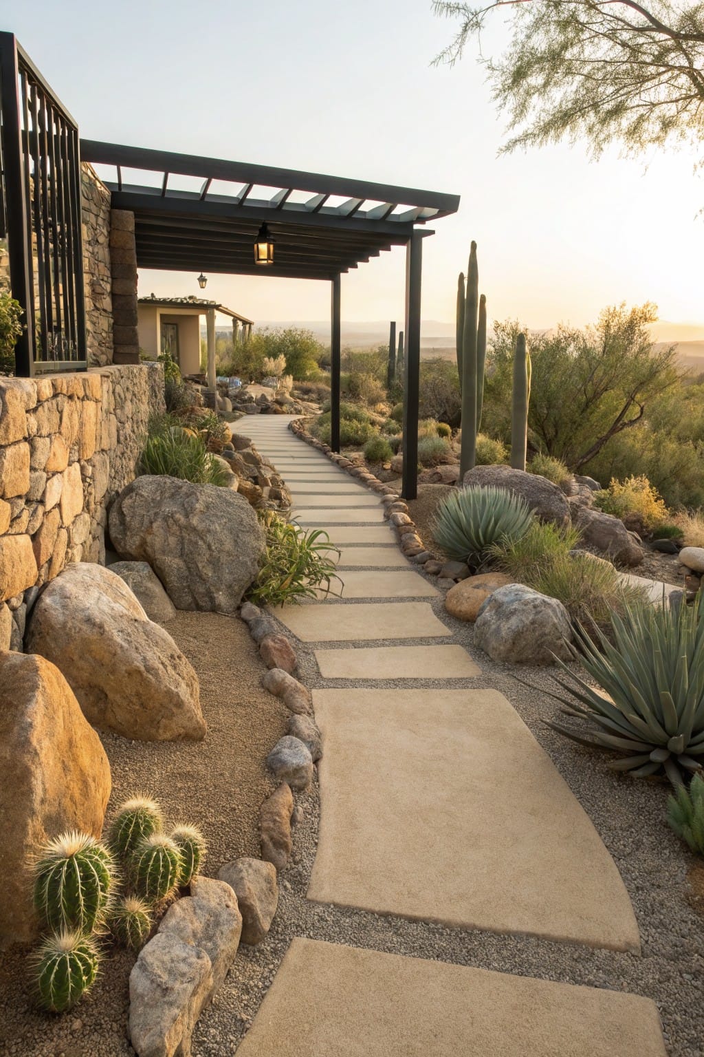 Winding concrete paver pathway edged with large boulders, gravel mulch, and drought-tolerant plants including agave and cacti, next to a stone wall and metal pergola in a desert landscape at sunset.