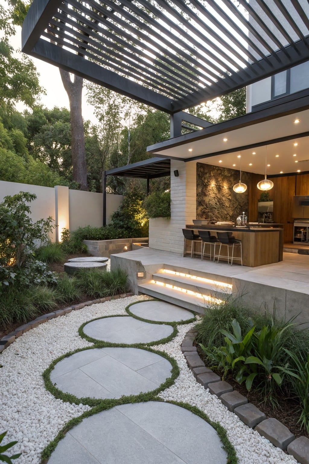 Outdoor gravel pathway composed of large circular gray concrete pavers edged with grass, winding through pebble beds and plants toward a raised concrete platform with an outdoor kitchen, bar stools, and surrounding trees and lighting.