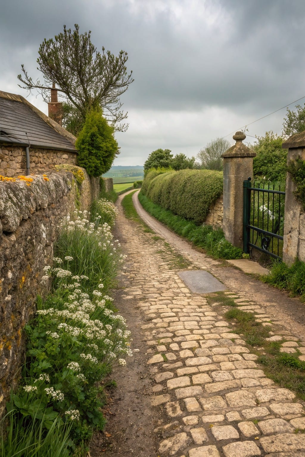 Narrow cobblestone pathway bordered by lichen-covered stone wall with white flowering plants on one side and clipped green hedge with black iron gate on the other, curving into green countryside under overcast sky.