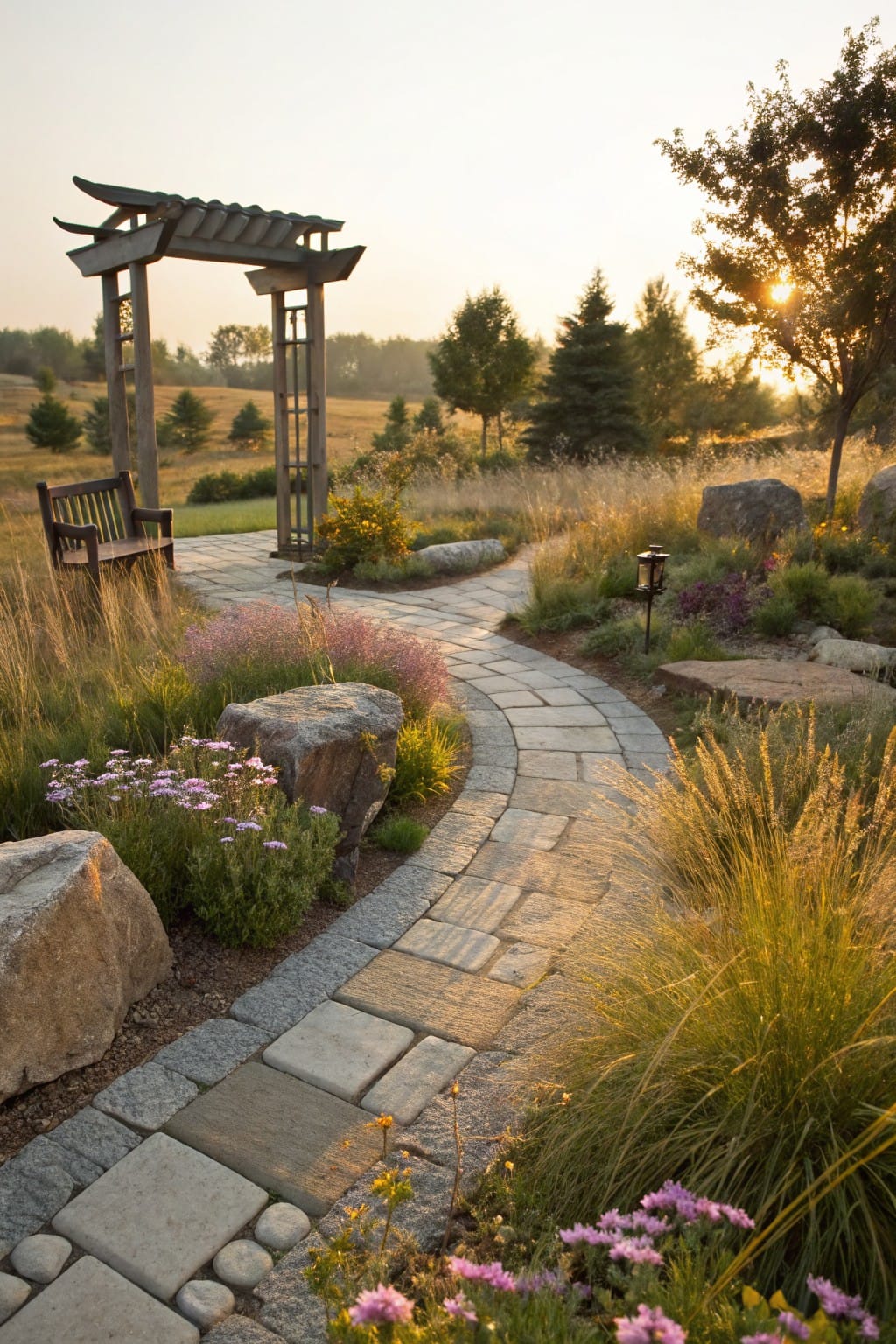 A curving pathway of irregular stone pavers winds through a garden with large boulders along the edges, ornamental grasses, pink flowers, shrubs, a wooden bench, and a pergola archway in the evening light.