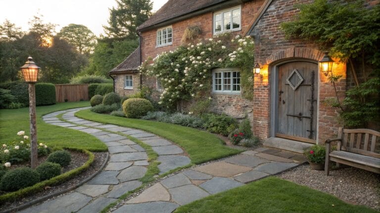 Brick house exterior with climbing pink roses on the wall, arched wooden door with black iron knocker and lanterns, boxwood shrubs, and a curving irregular gray stone slab pathway set into green lawn leading to the entrance.
