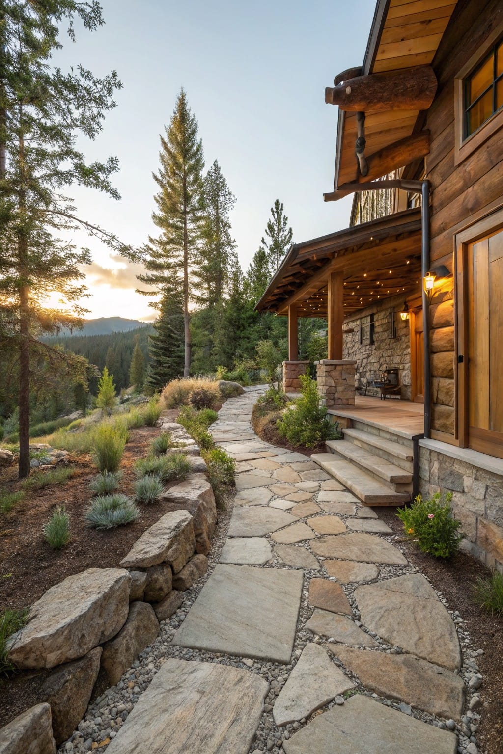 Winding flagstone pathway with irregular slabs, bordered by dry-stacked boulder retaining walls and low plants, leading up to the porch of a wooden cabin amid pine trees and mountains.