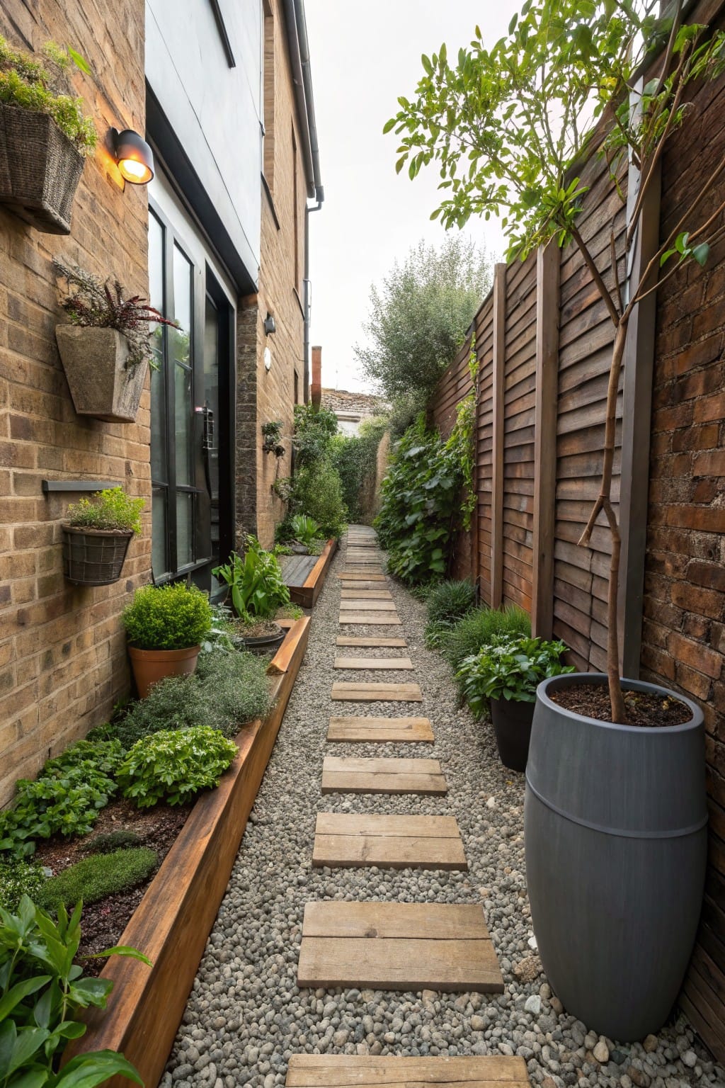 Narrow garden pathway between brick walls with irregular wooden stepping stones set into gray gravel, lined by raised wooden planters with herbs, potted plants, and a tall tree in a large gray pot.
