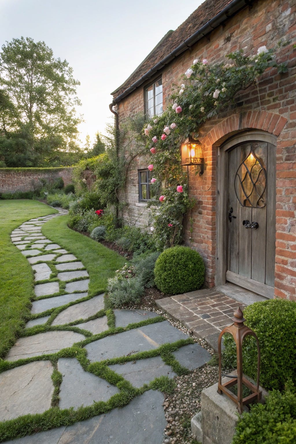 Brick house exterior with climbing pink roses on the wall, arched wooden door with black iron knocker and lanterns, boxwood shrubs, and a curving irregular gray stone slab pathway set into green lawn leading to the entrance.