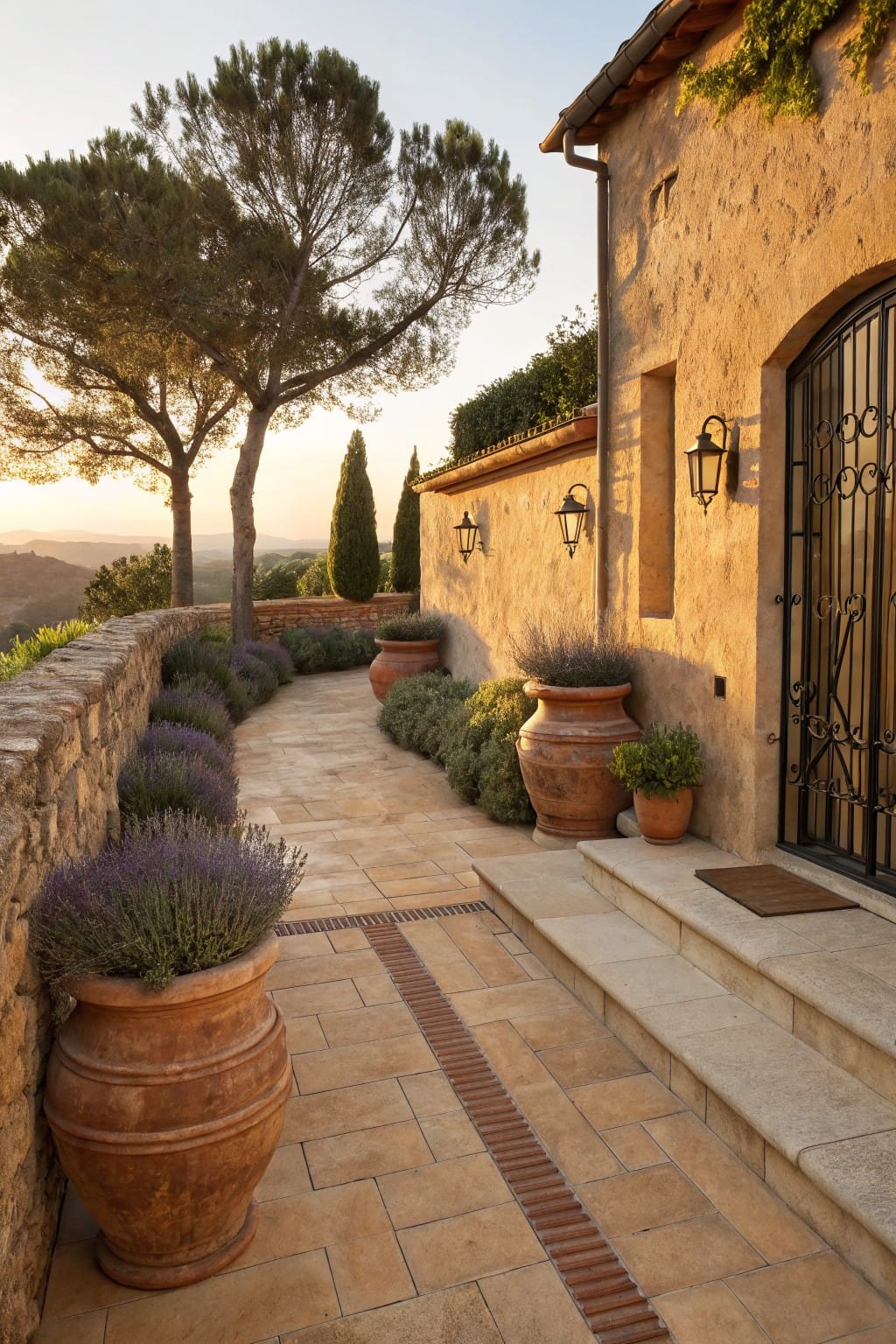 Tiled walkway bordered by lavender plants in terracotta pots and beds along a stone wall, leading to steps and an arched black iron gate on a beige stucco house wall, with pine trees and hills in the background at sunset.