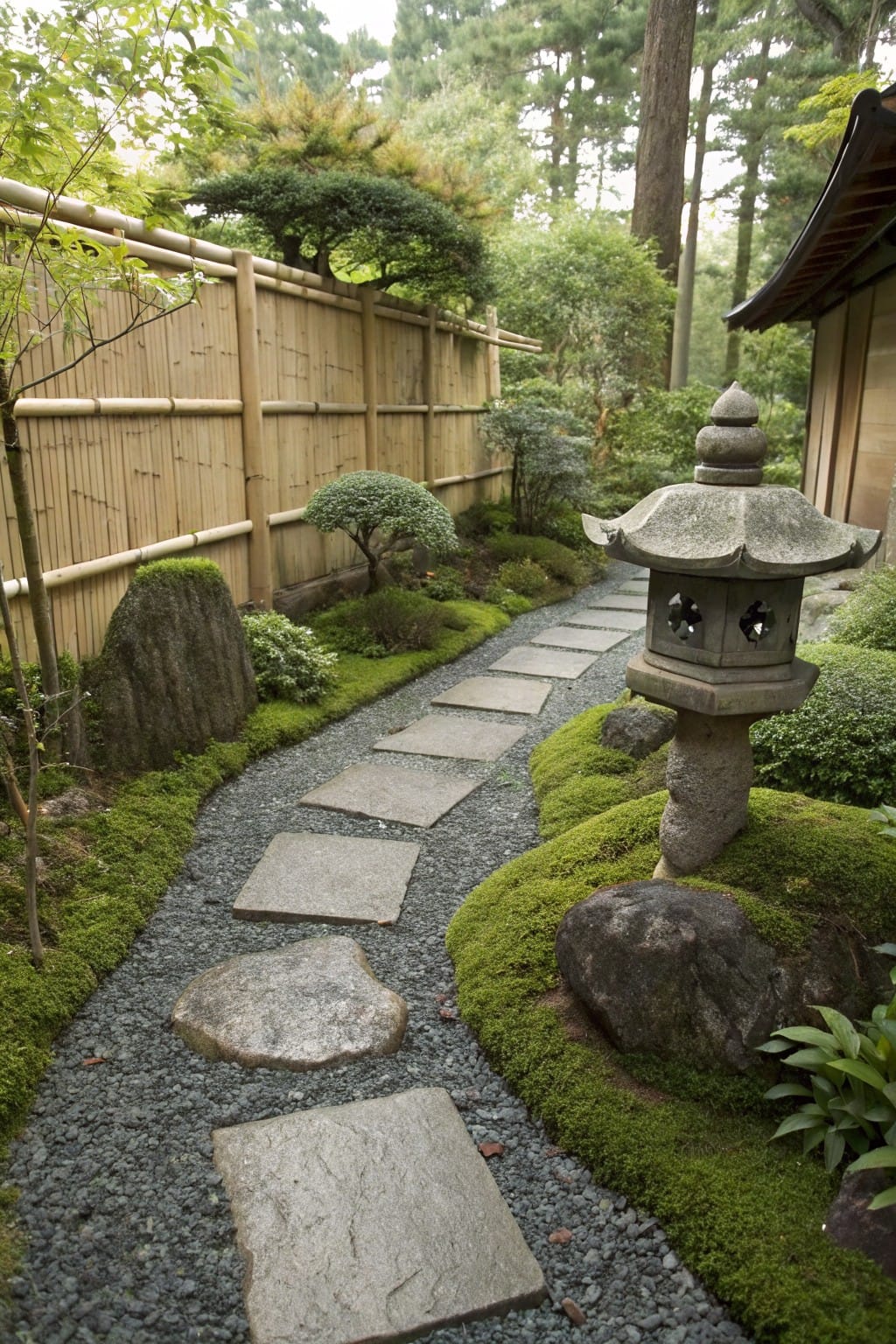 Winding pathway of irregular gray stone slabs set in gravel, bordered by moss, rocks, and low plants, with a tall stone lantern beside it in a garden enclosed by bamboo fencing and trees.