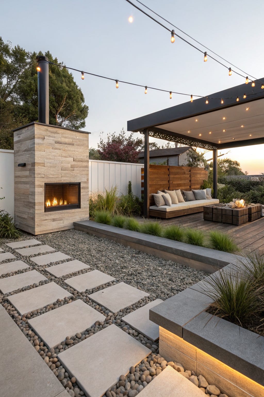 Pathway of large rectangular pavers set in pebble gravel leading to a wooden deck with cushioned seating under a lit pergola, stone fire pit nearby, grasses and plants along edges at dusk.