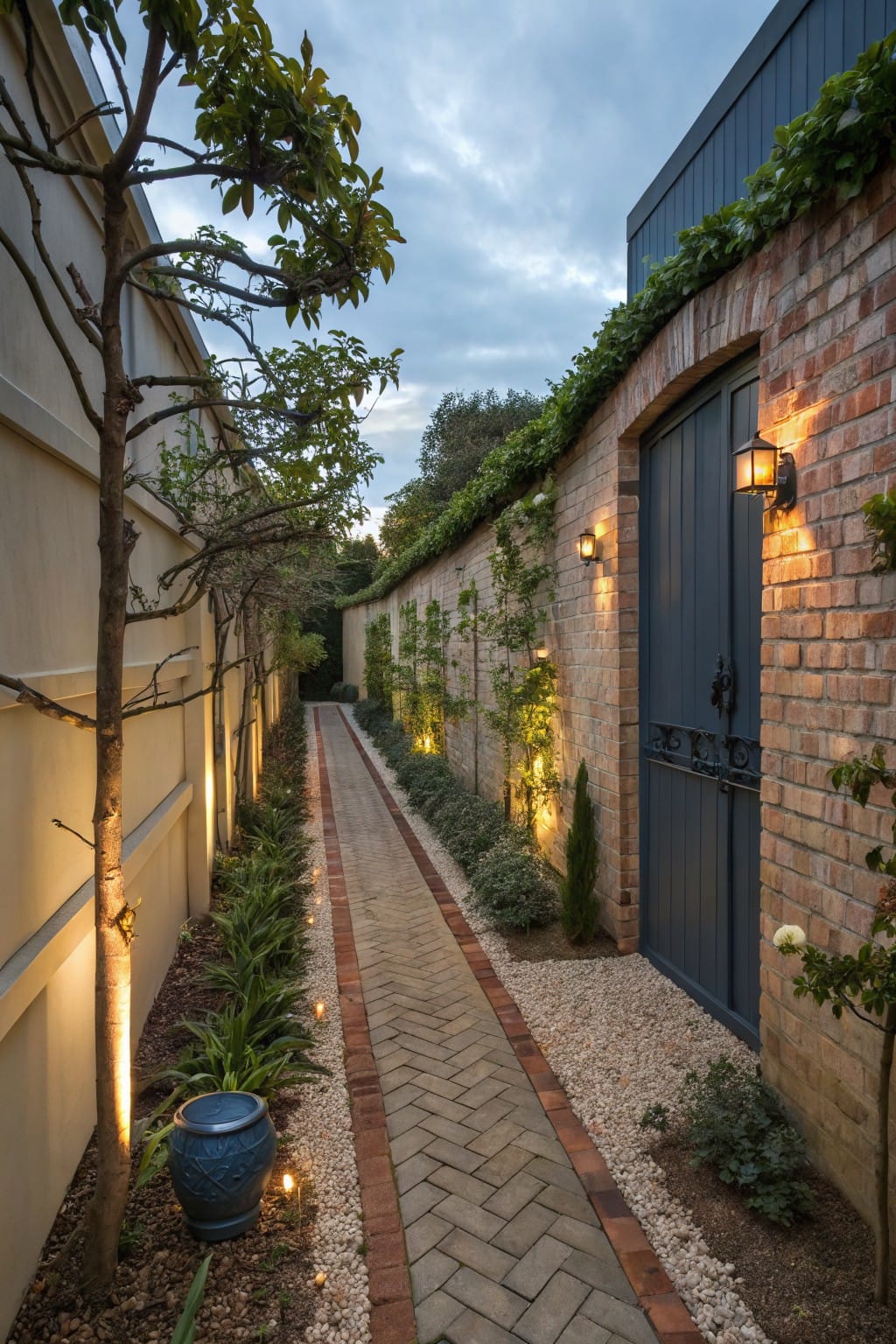 Narrow outdoor pathway of herringbone brick pavers bordered by white pebbles and plants, with uplights along rendered and brick walls leading to a dark wooden arched gate, trees overhead, and a blue pot nearby.