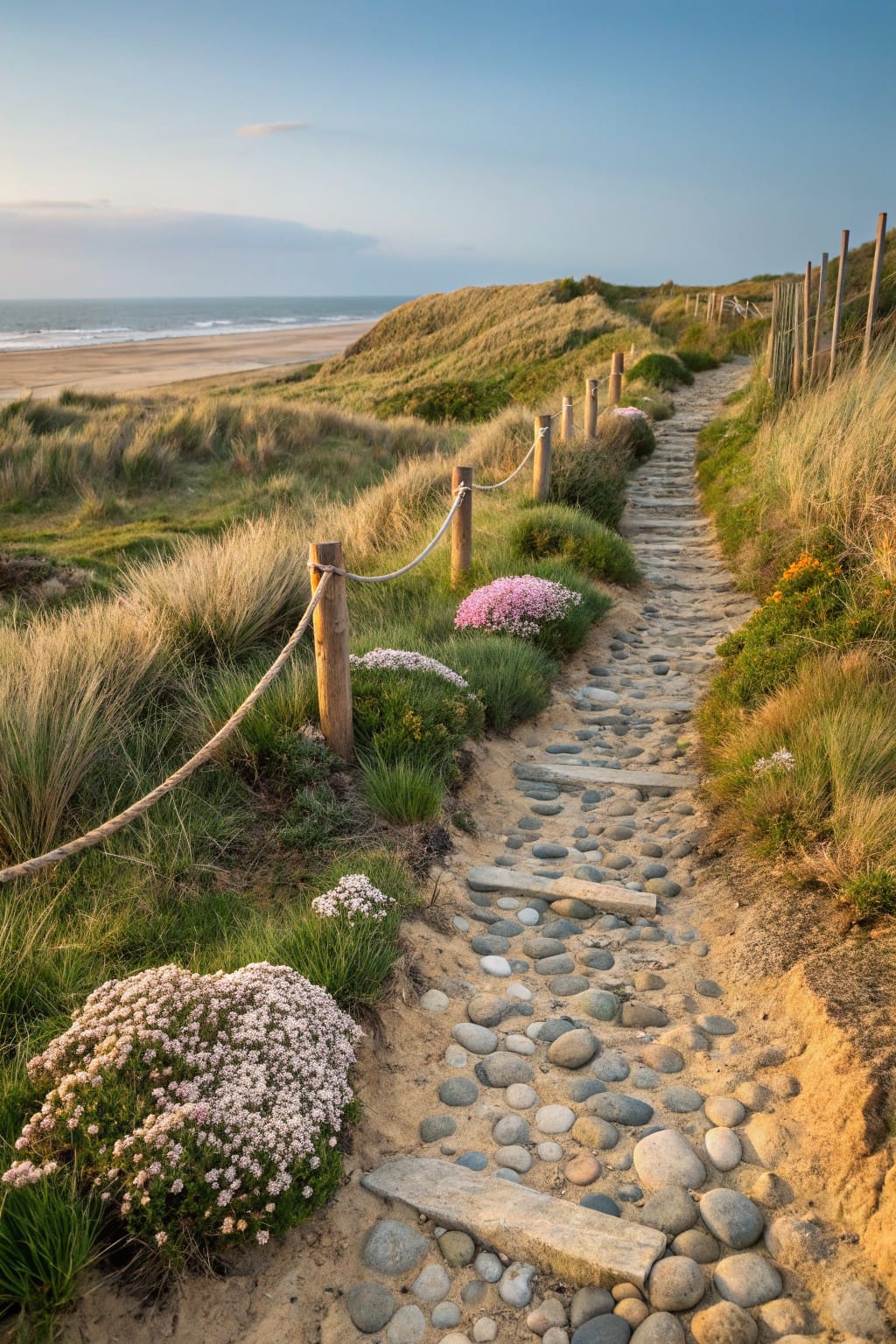 A winding pathway of pebbles and stone slabs bordered by grasses, pink flowers, and wooden posts with rope fencing runs through sand dunes toward the beach and ocean.