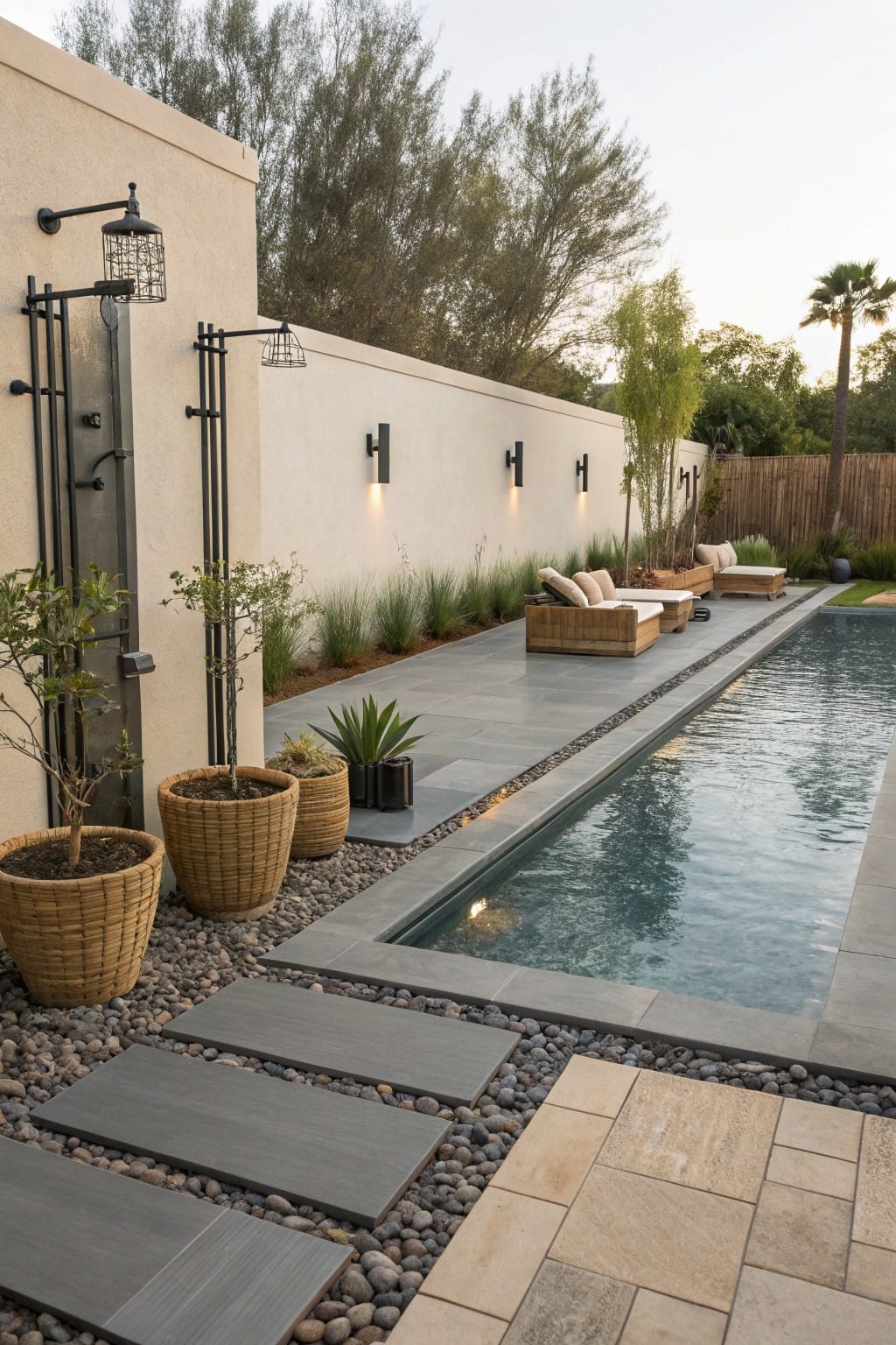 Poolside area featuring a long rectangular pool with pebble edging, gray rectangular stone slabs set as stepping stones in pebble beds leading to the pool, wooden loungers, potted plants, an outdoor shower on a stucco wall, and surrounding landscaping with grasses and trees.