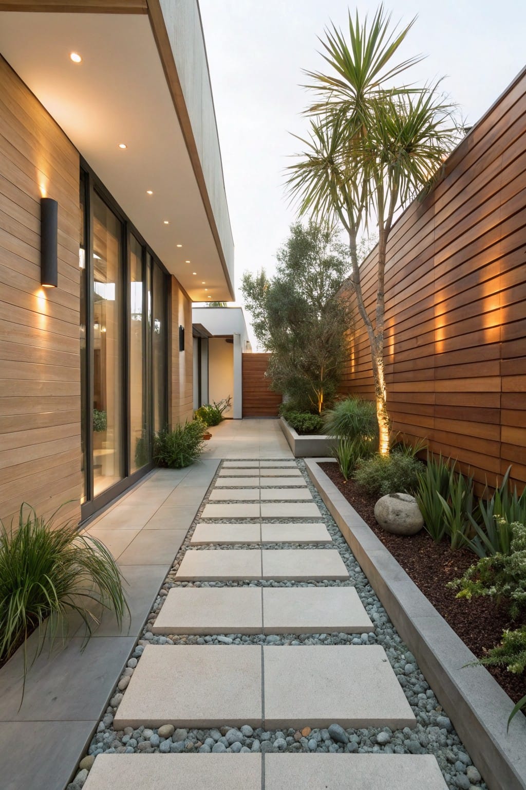 Outdoor pathway with large rectangular concrete stepping stones spaced apart in a gravel bed, bordered by low plants, grasses, succulents, and a wooden fence, alongside a modern wood-clad house wall and palm trees.