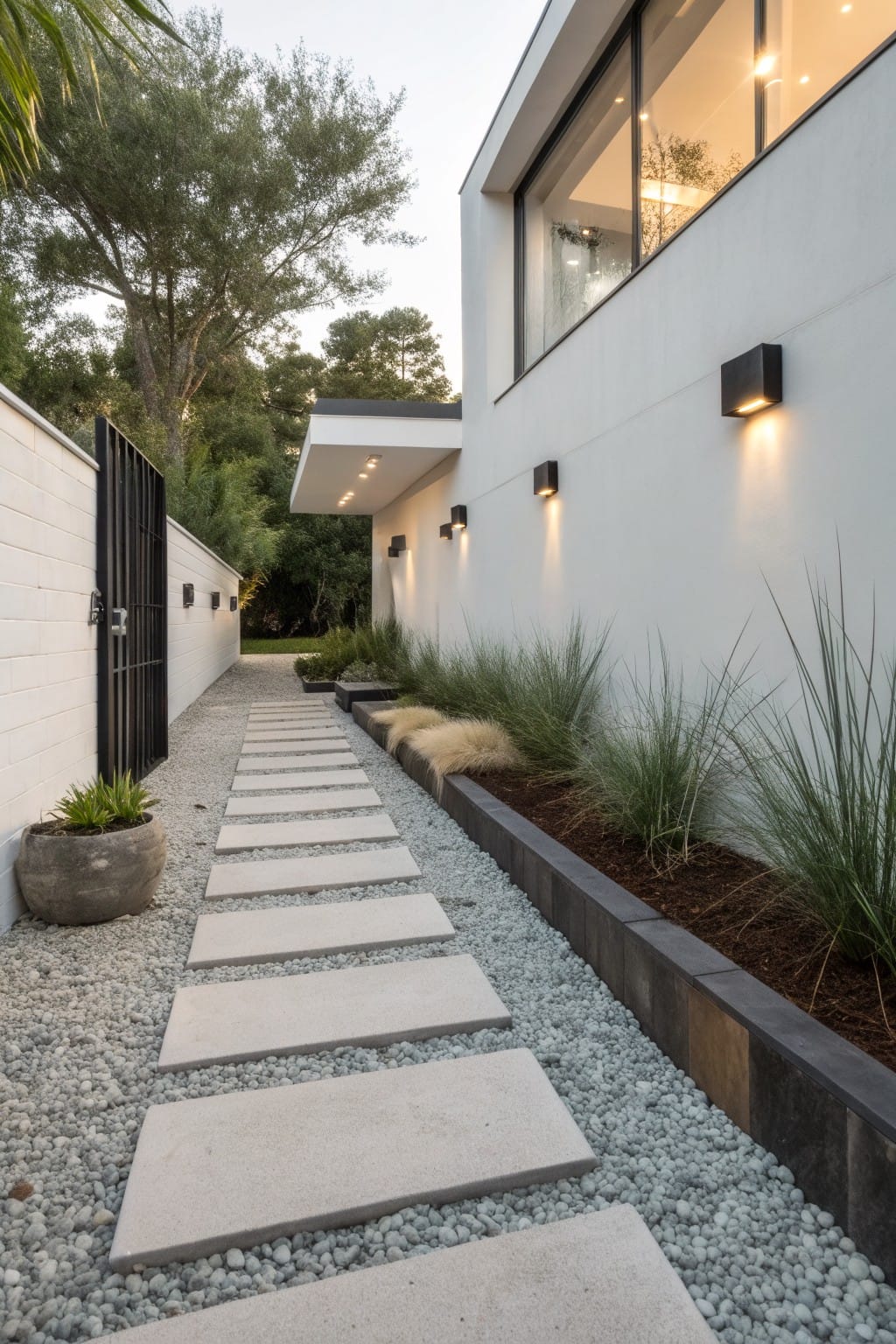 Side pathway to a modern white house with large rectangular concrete stepping stones set into white pebble gravel, bordered by raised black planters filled with ornamental grasses, a potted plant nearby, black metal gate, and wall lights.