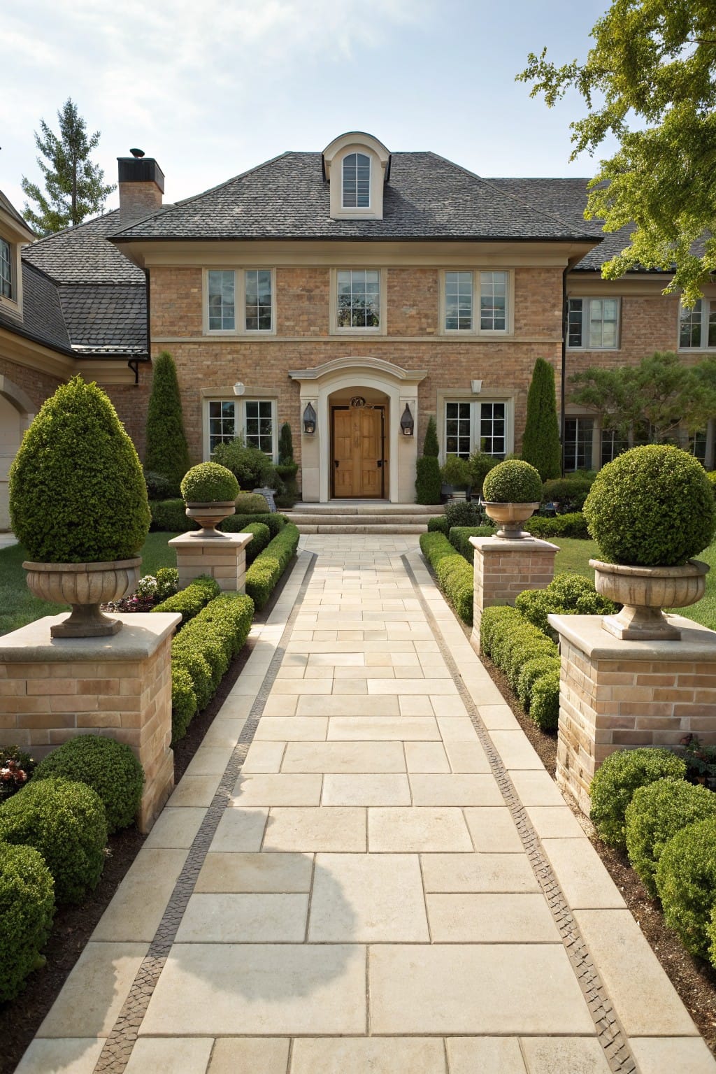 Front view of a brick house with a central straight stone slab pathway flanked by brick pedestals holding urns of boxwood shrubs and bordered by low boxwood hedges.