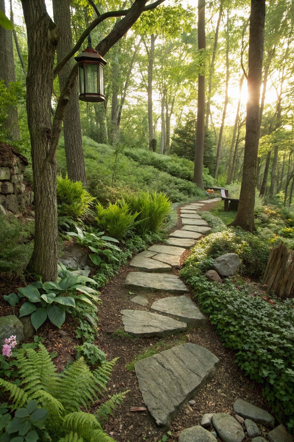 Winding path of irregular gray flagstone steps through a lush woodland garden with trees, ferns, hostas, mossy rocks, stone retaining wall, wooden bench, and hanging lantern on a tree branch.