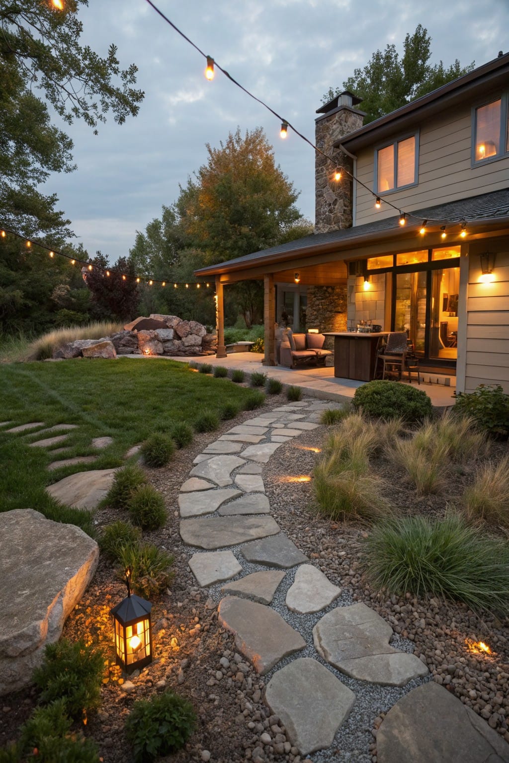 Winding pathway of irregular flagstone slabs set in gravel and bordered by ornamental grasses and shrubs, leading from lawn to a covered patio behind a house at dusk with string lights and lanterns.