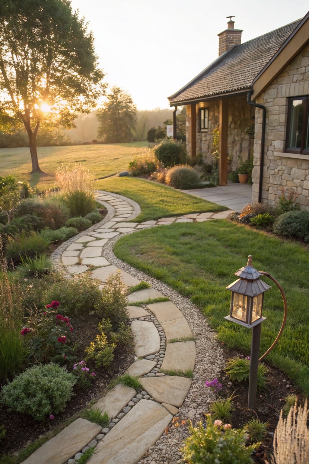 Winding flagstone pathway edged with white pebbles and bordered by grasses, shrubs, and flowers leads through a lawn to a stone house at sunset.